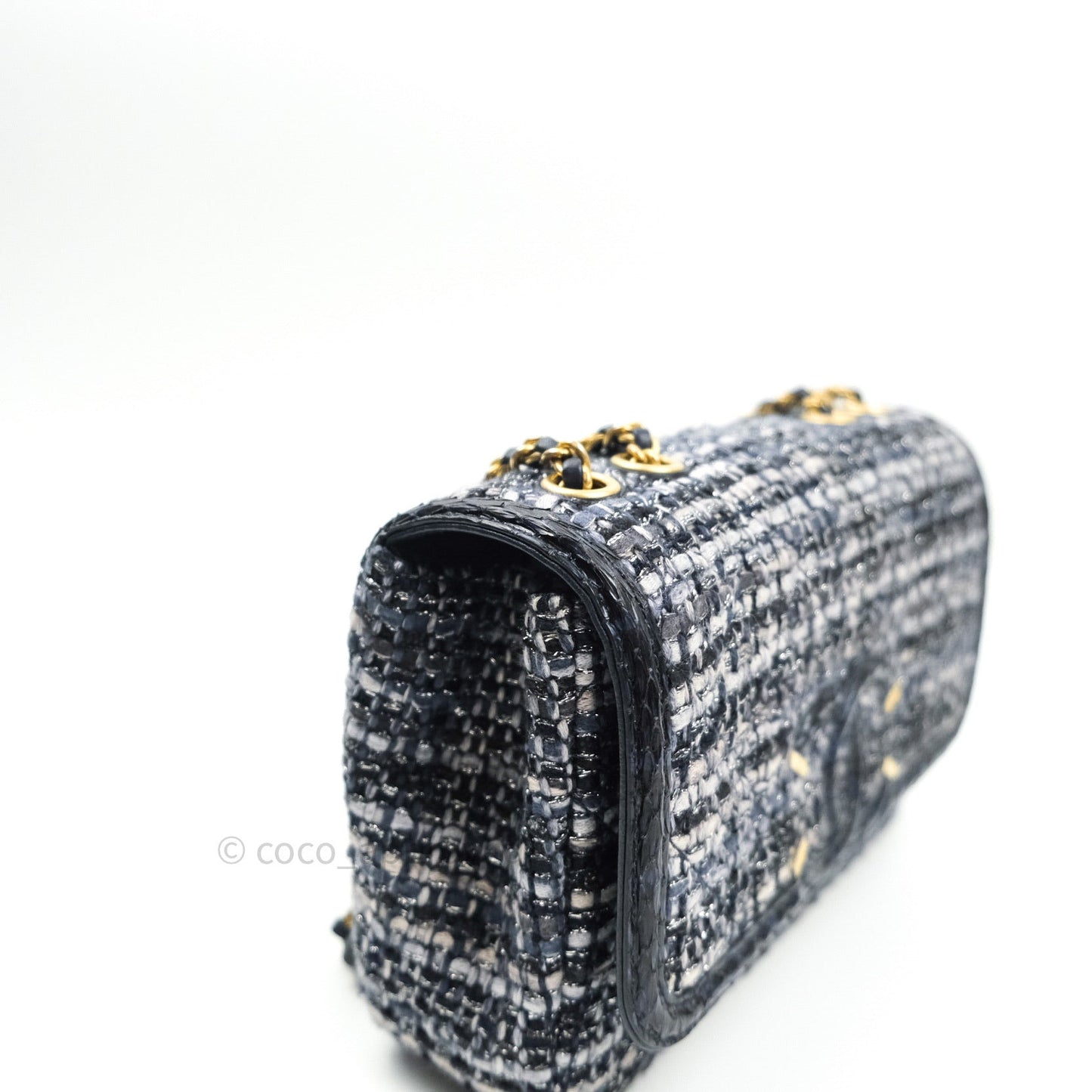 Chanel Quilted Small CC Filigree Flap Blue Tweed With Python 18S