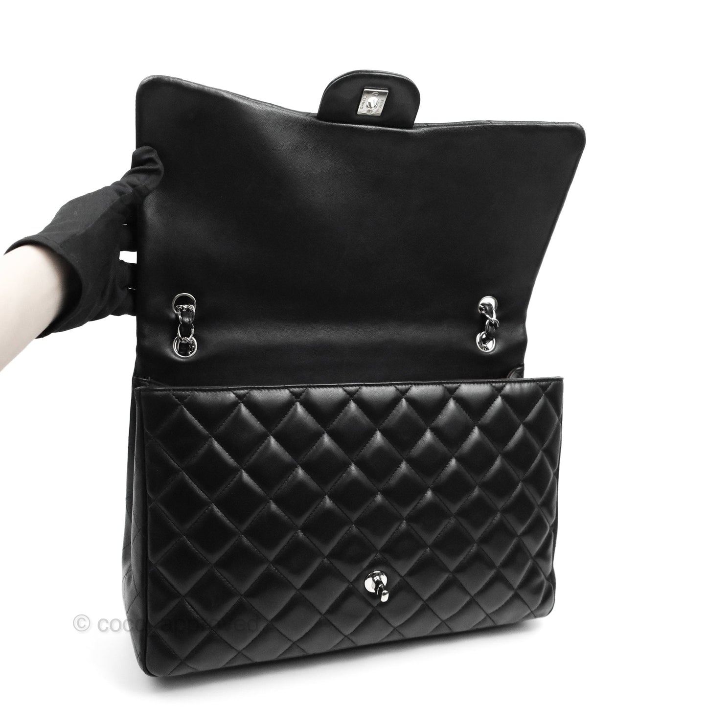 Chanel Quilted Single Flap Maxi Flap Black Lambskin Silver Hardware