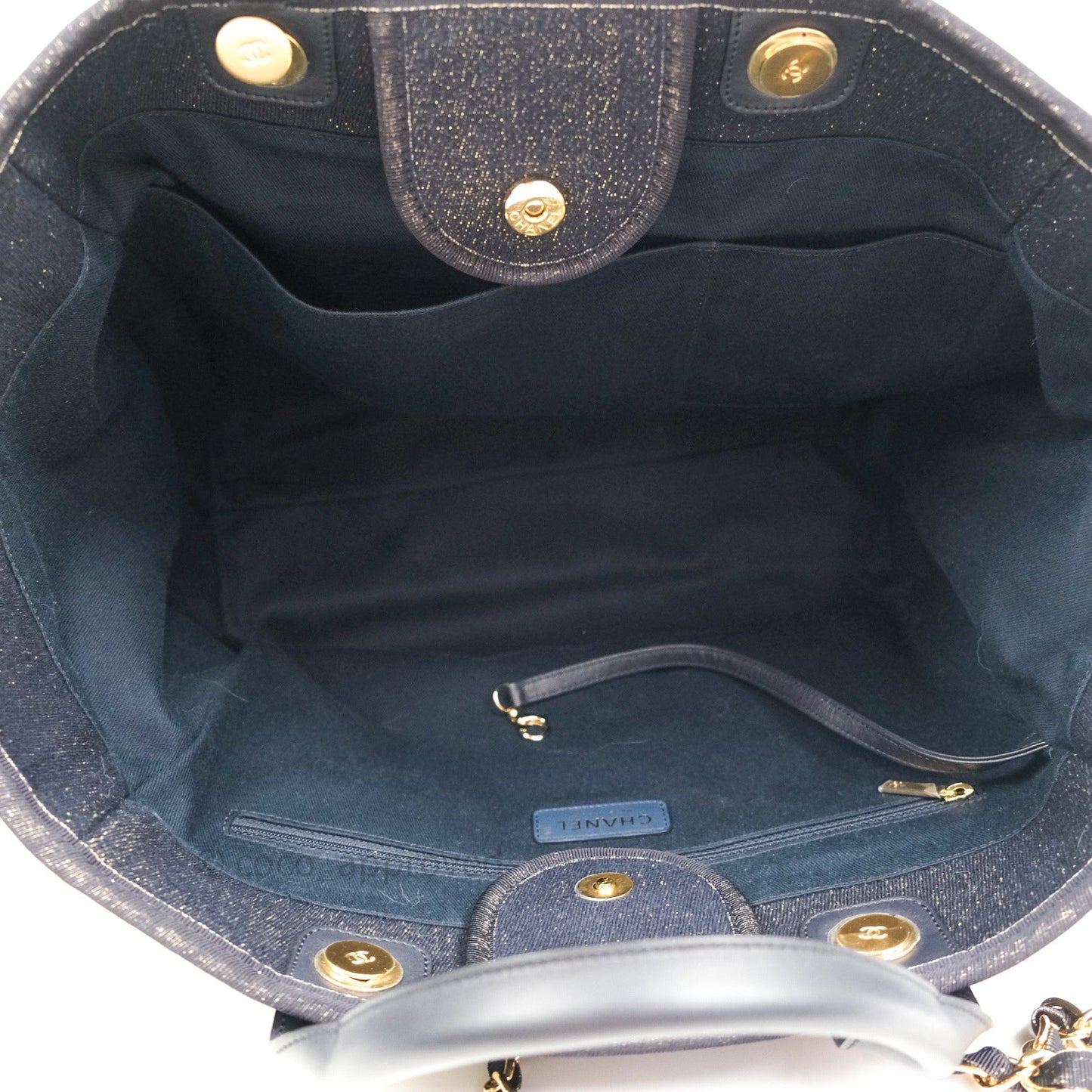 Chanel Canvas Large Deauville Tote Navy Glittery Gold Logo 19B