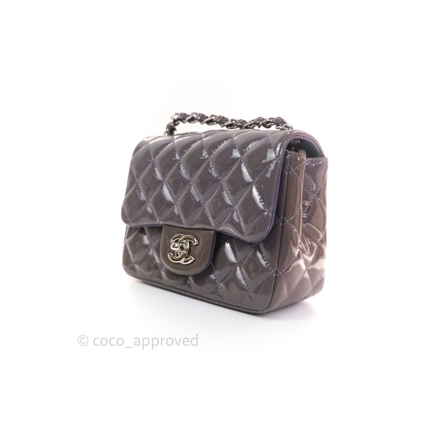 Chanel Mini Square Grey Patent Leather Silver Hardware