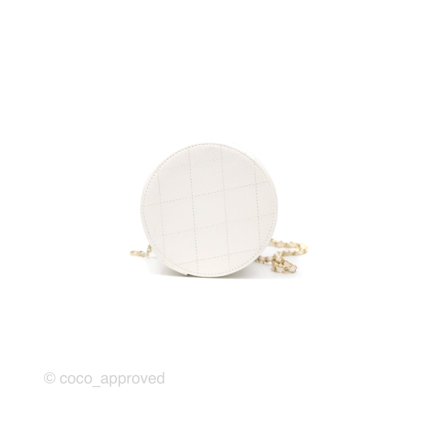 Chanel CC Quilted Round Vanity Clutch With Chain White Lambskin Gold Hardware