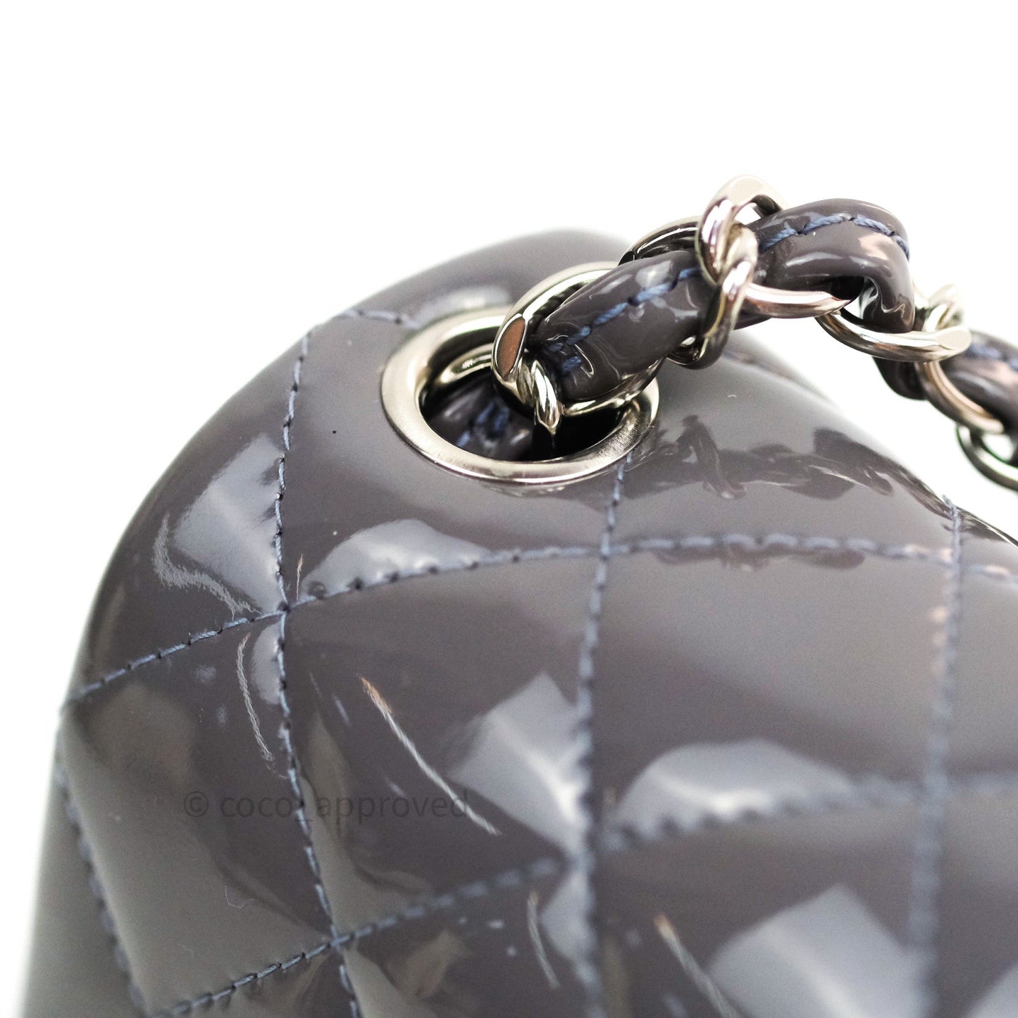 Chanel Mini Square Grey Patent Leather Silver Hardware