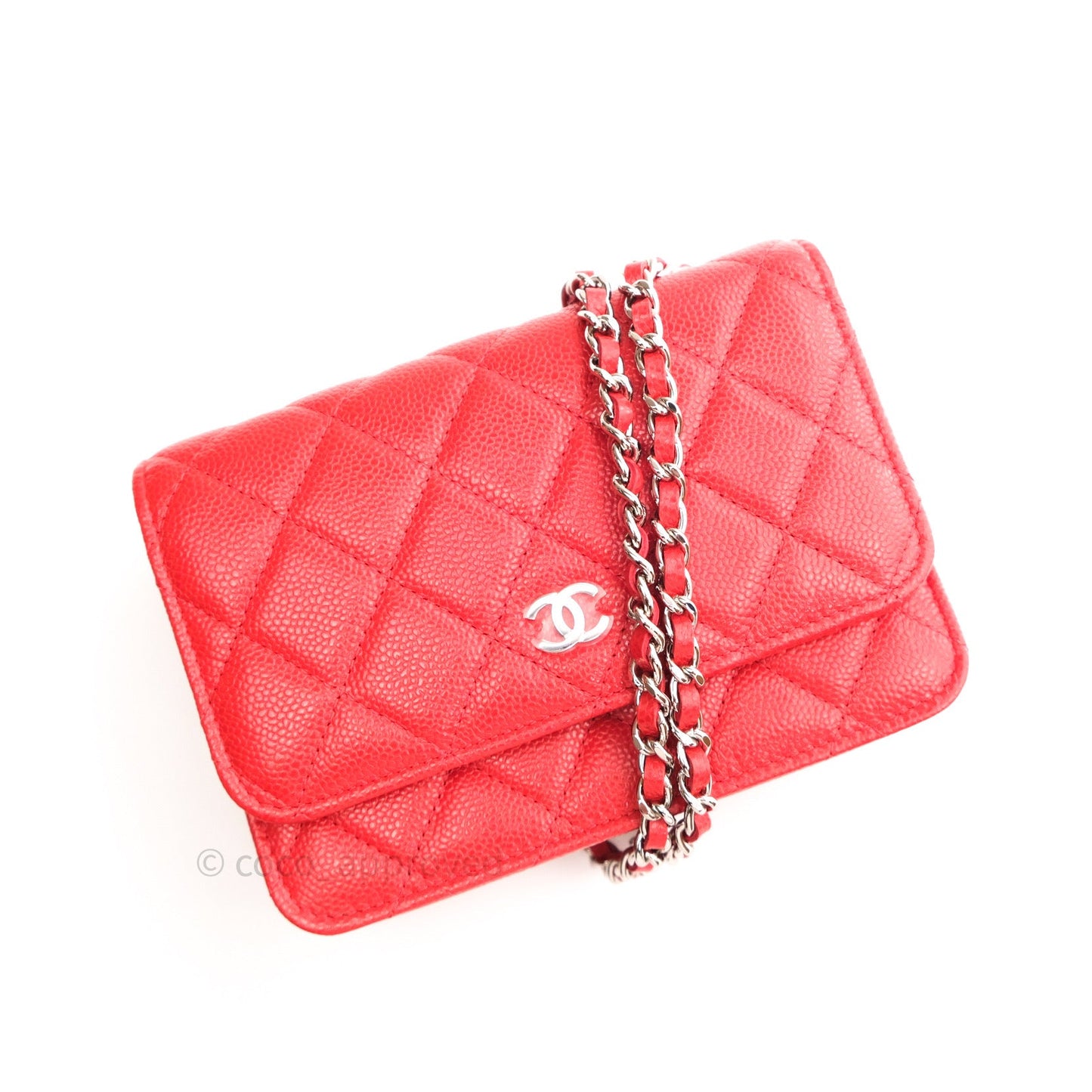 Chanel Quilted Mini Wallet on Chain WOC Brick Red Caviar Silver Hardware