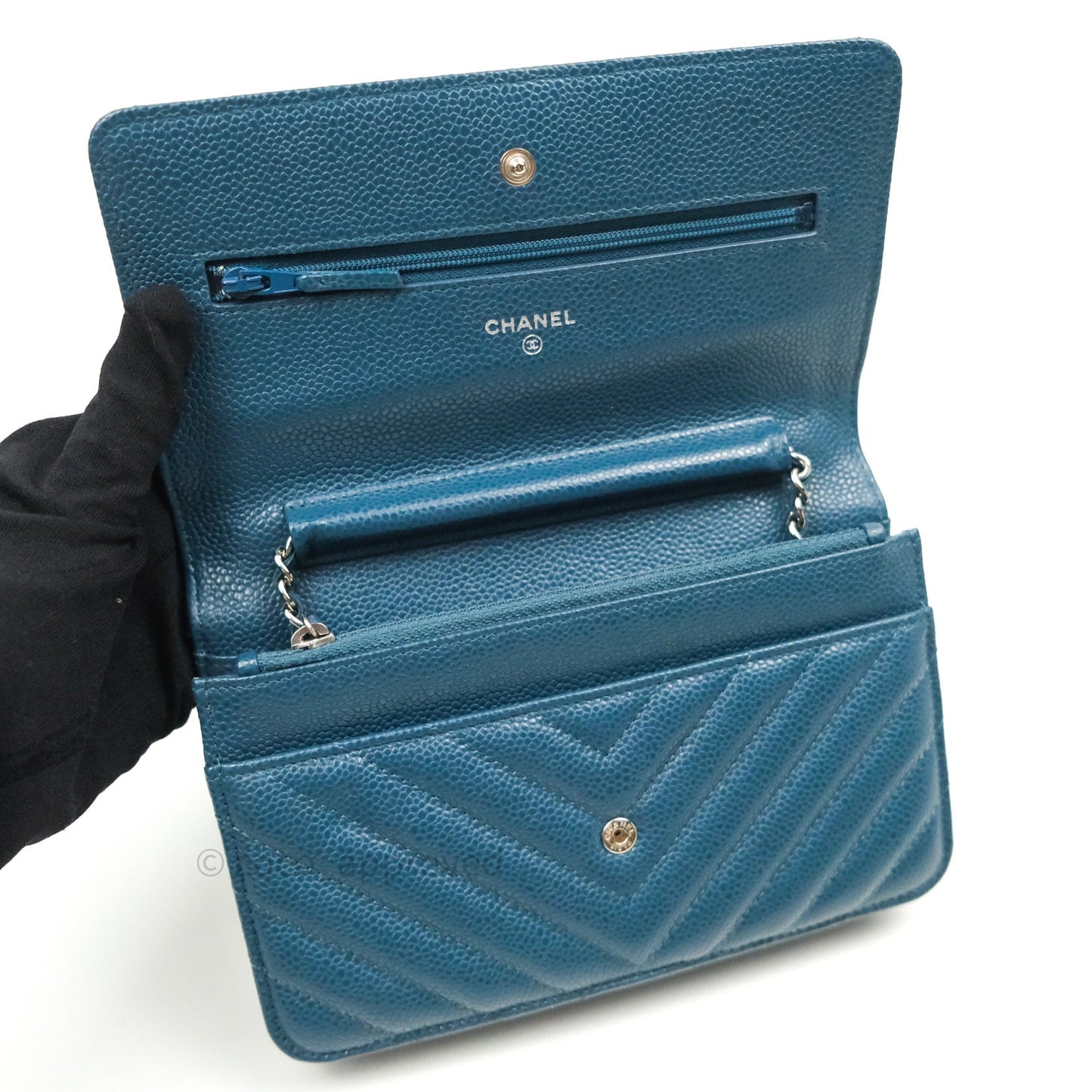 Chanel Chevron Wallet on Chain WOC Blue Caviar Silver Hardware