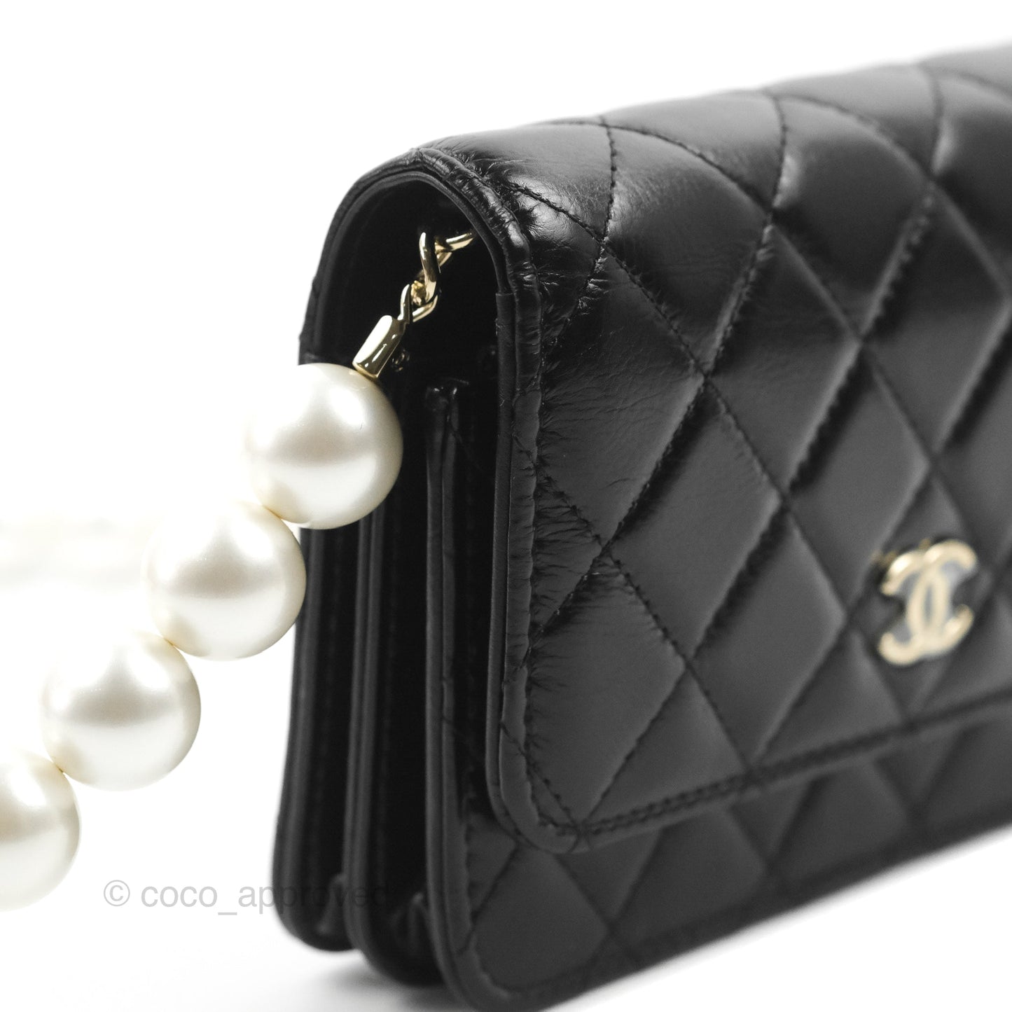 Chanel Quilted Large Pearl Mini Wallet On Chain WOC Black Calfskin