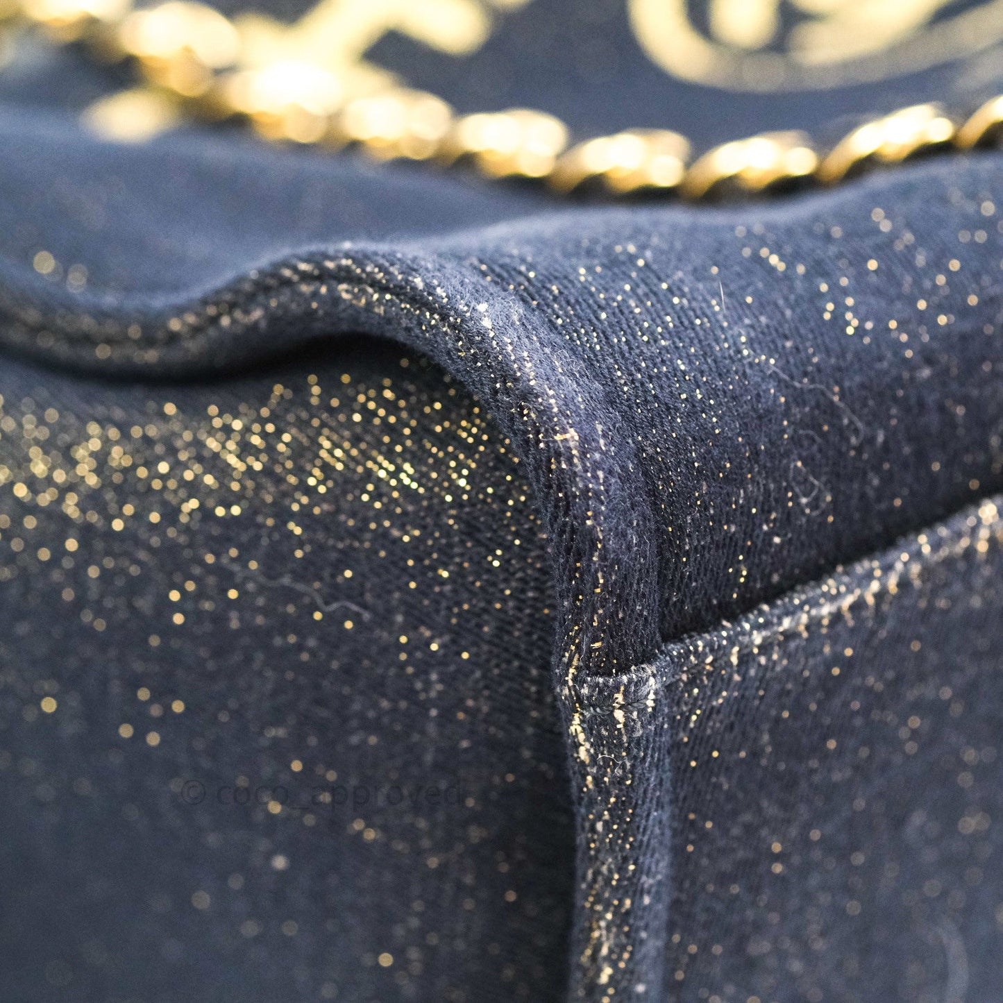 Chanel Canvas Large Deauville Tote Navy Glittery Gold Logo 19B