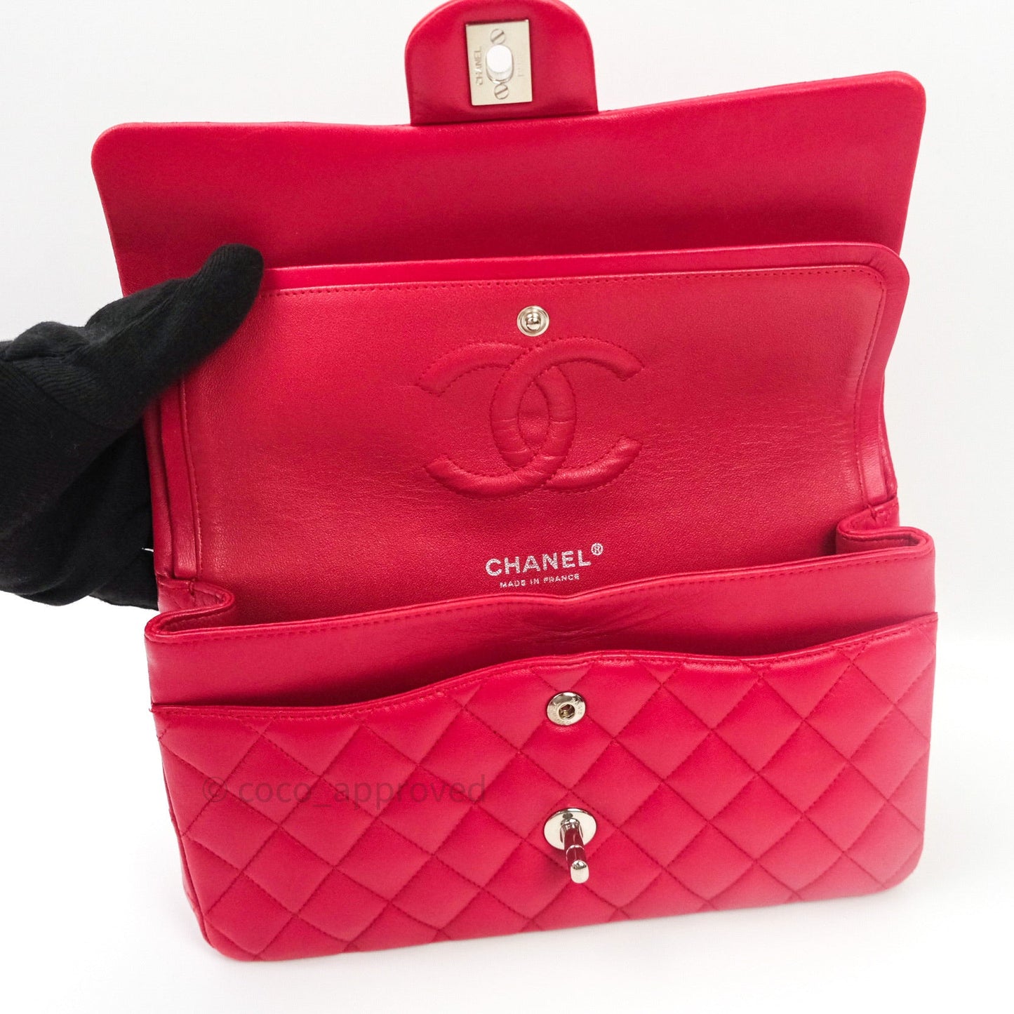 Chanel Classic M/L Lambskin Medium Double Flap Red Pink Silver Hardware