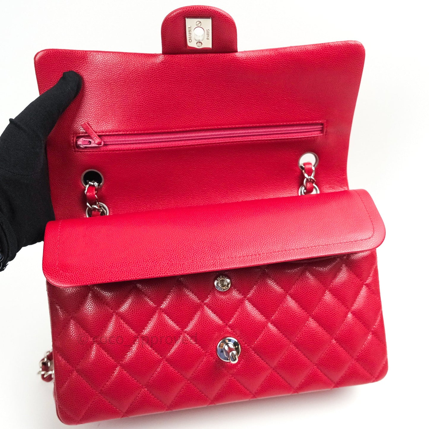 Chanel Classic M/L Medium Double Flap Bag Red Caviar Silver Hardware 18B