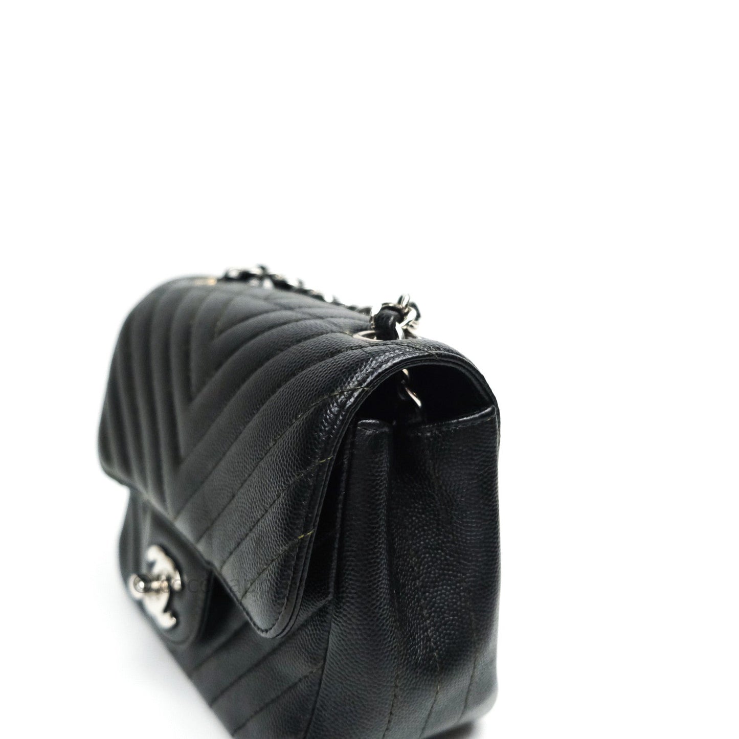 Chanel Mini Square Chevron Black Caviar Silver Hardware