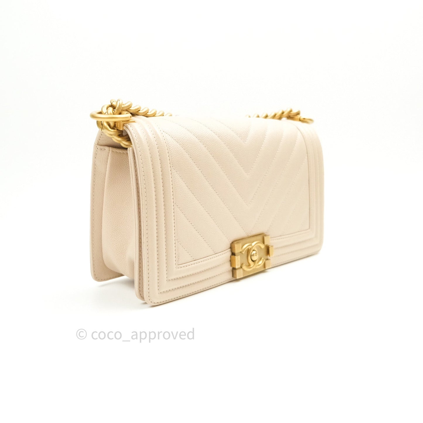 Chanel Boy Chevron Medium Beige Caviar Gold Hardware