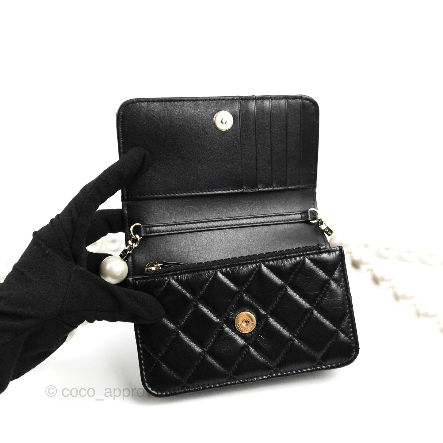 Chanel Quilted Large Pearl Mini Wallet On Chain WOC Black Calfskin