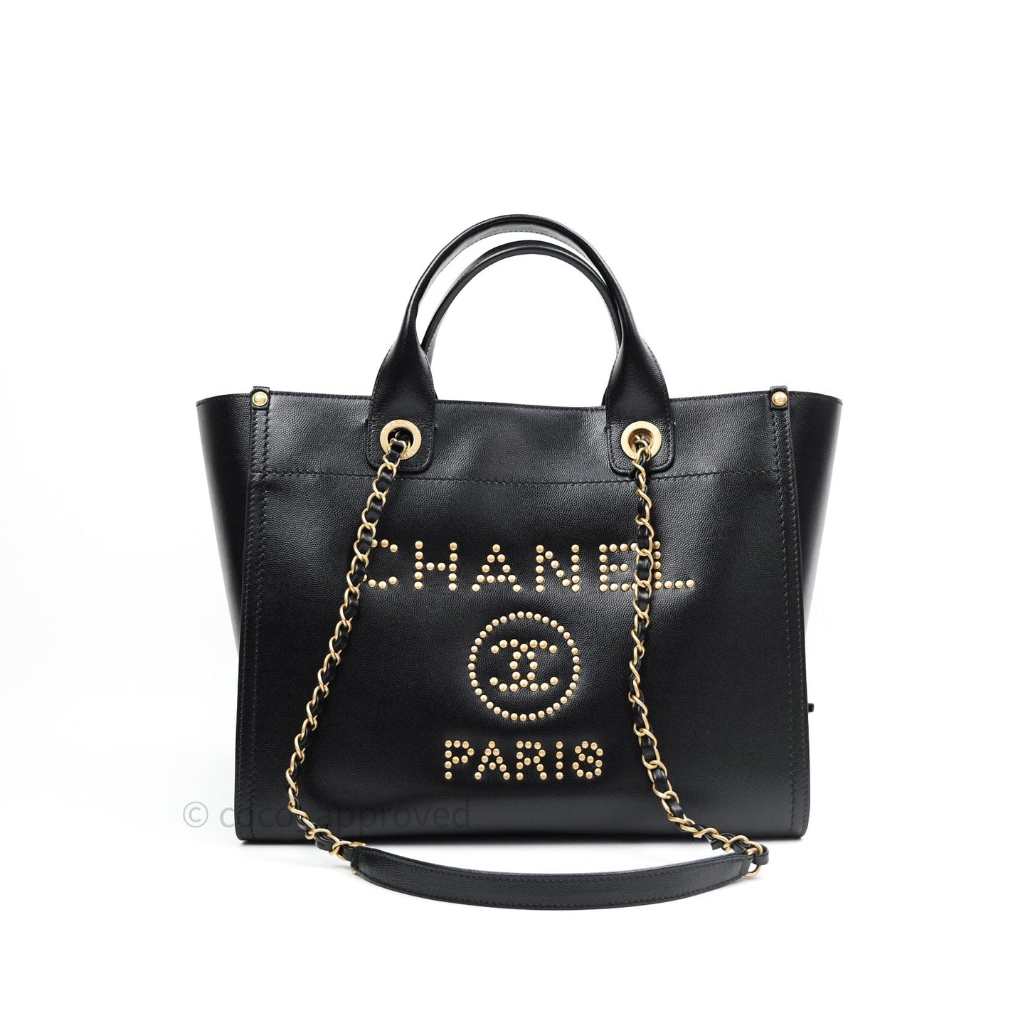 Chanel Small Studded Deauville Tote Black Caviar Gold Hardware