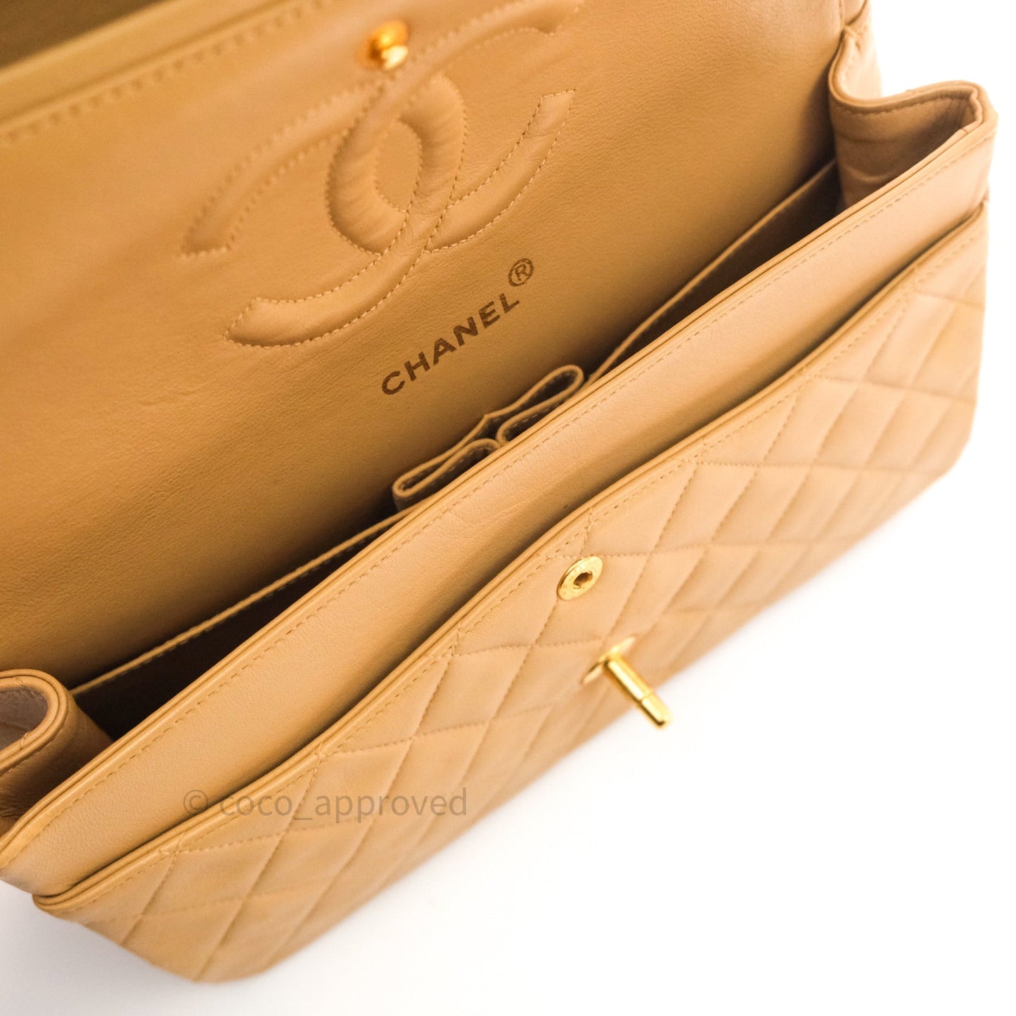 Chanel Vintage M/L Medium Double Flap Bag Beige Lambskin 24K Gold Hardware