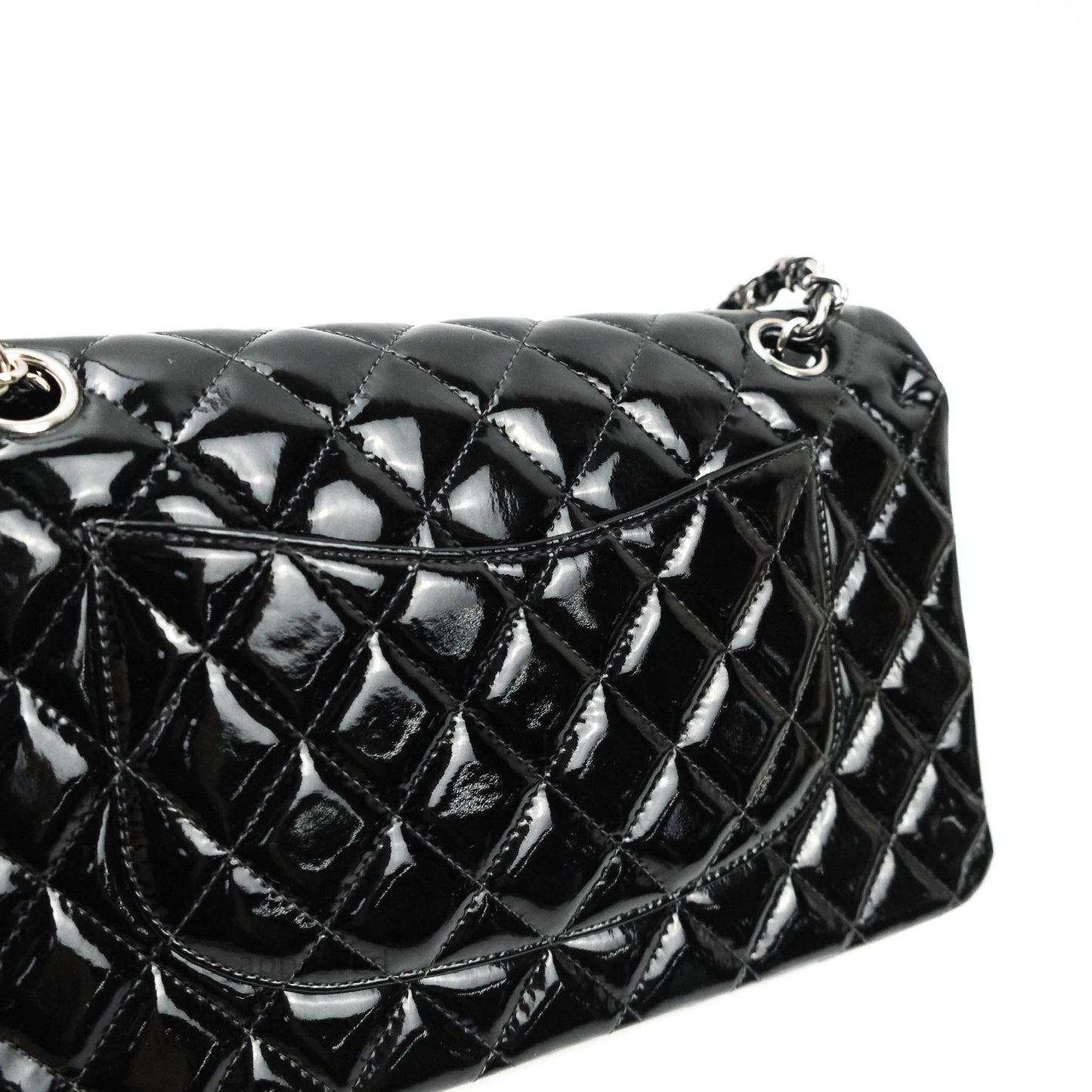 Chanel Classic M/L Medium Double Flap Bag Black Patent Silver Hardware