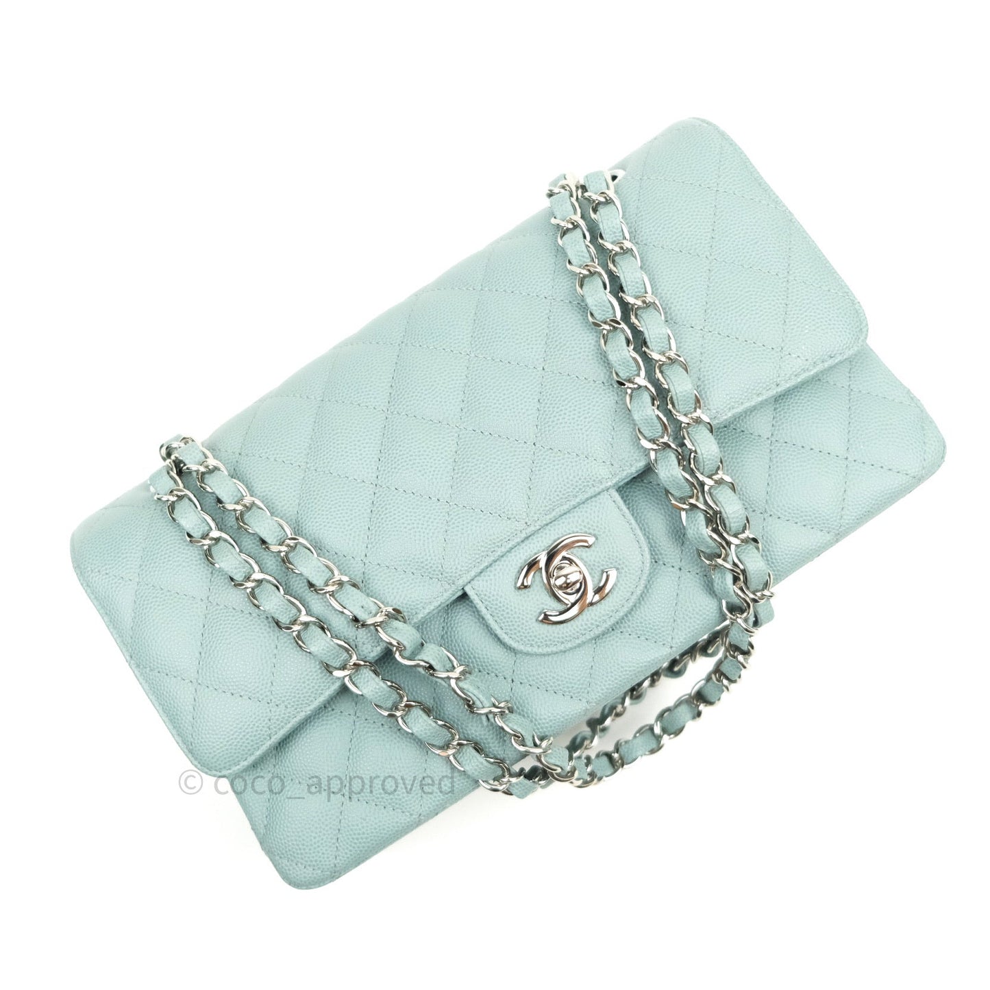 Chanel Classic M/L Medium Double Flap Bag Light Blue Caviar Silver Hardware 18C