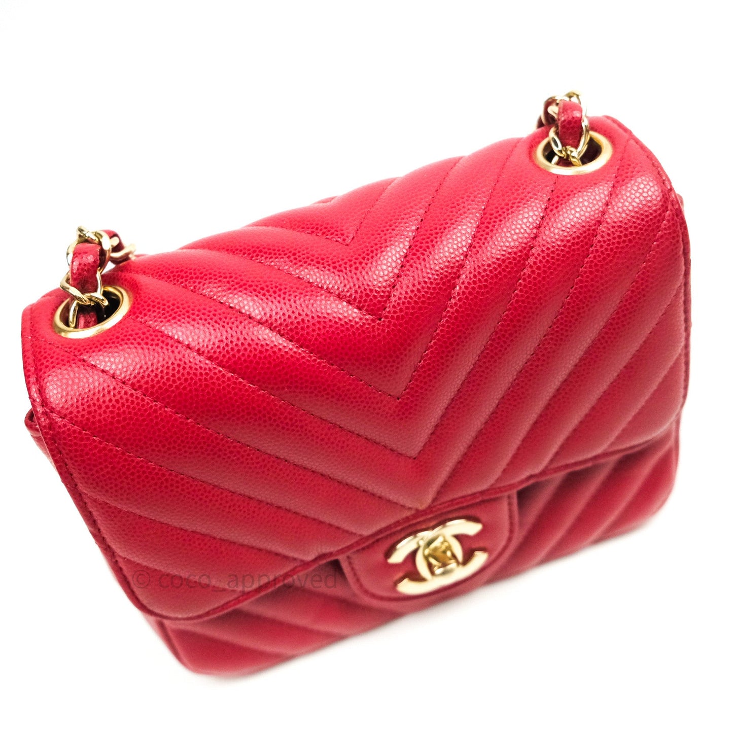 Chanel Mini Square Red Chevron Caviar Gold Hardware