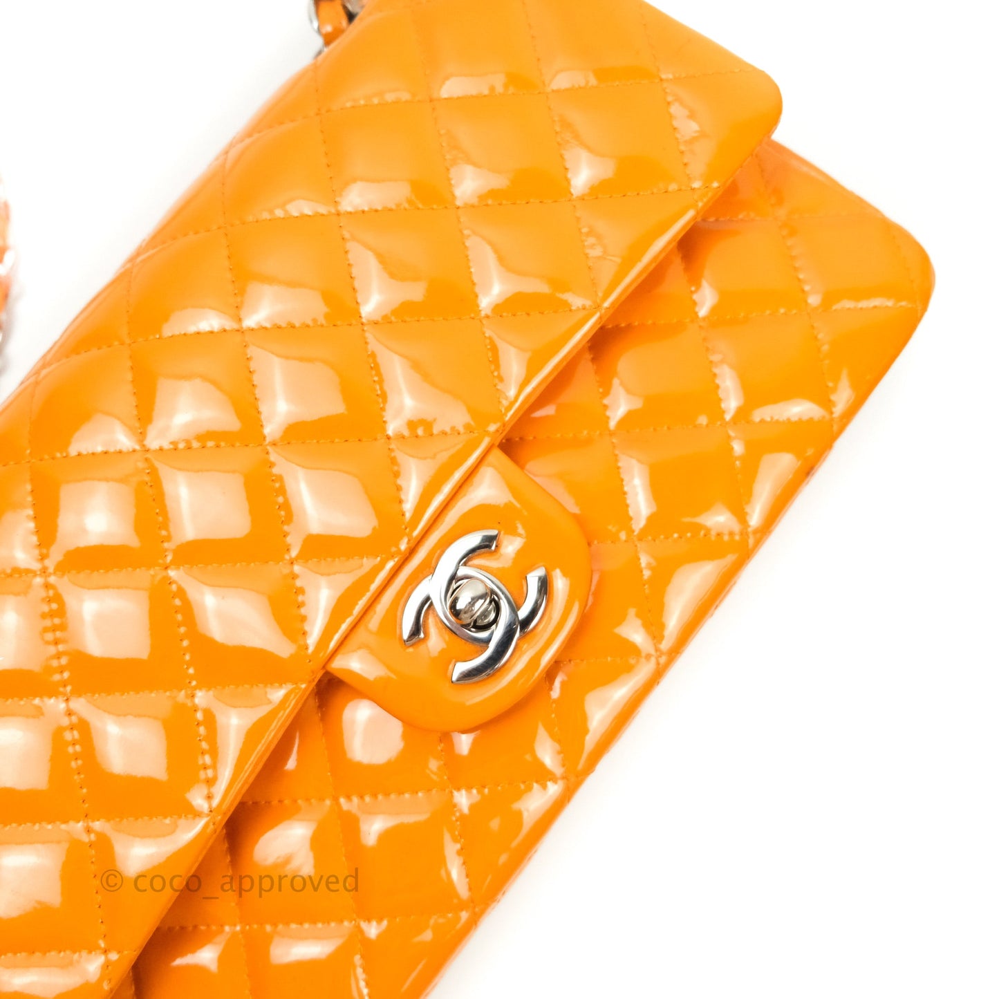Chanel Classic M/L Medium Double Flap Orange Patent Silver Hardware
