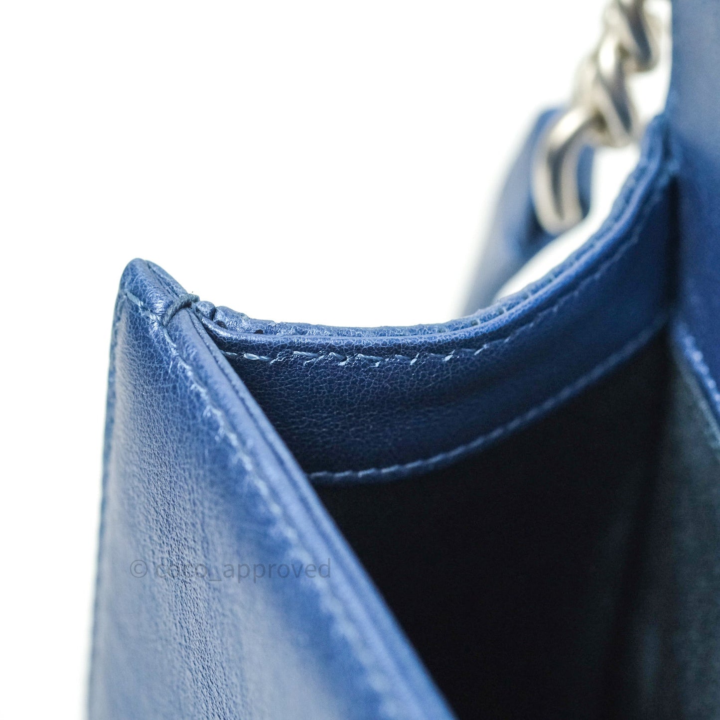 Chanel Boy Medium Blue Metallic Calfskin Perforated Silver Hardware
