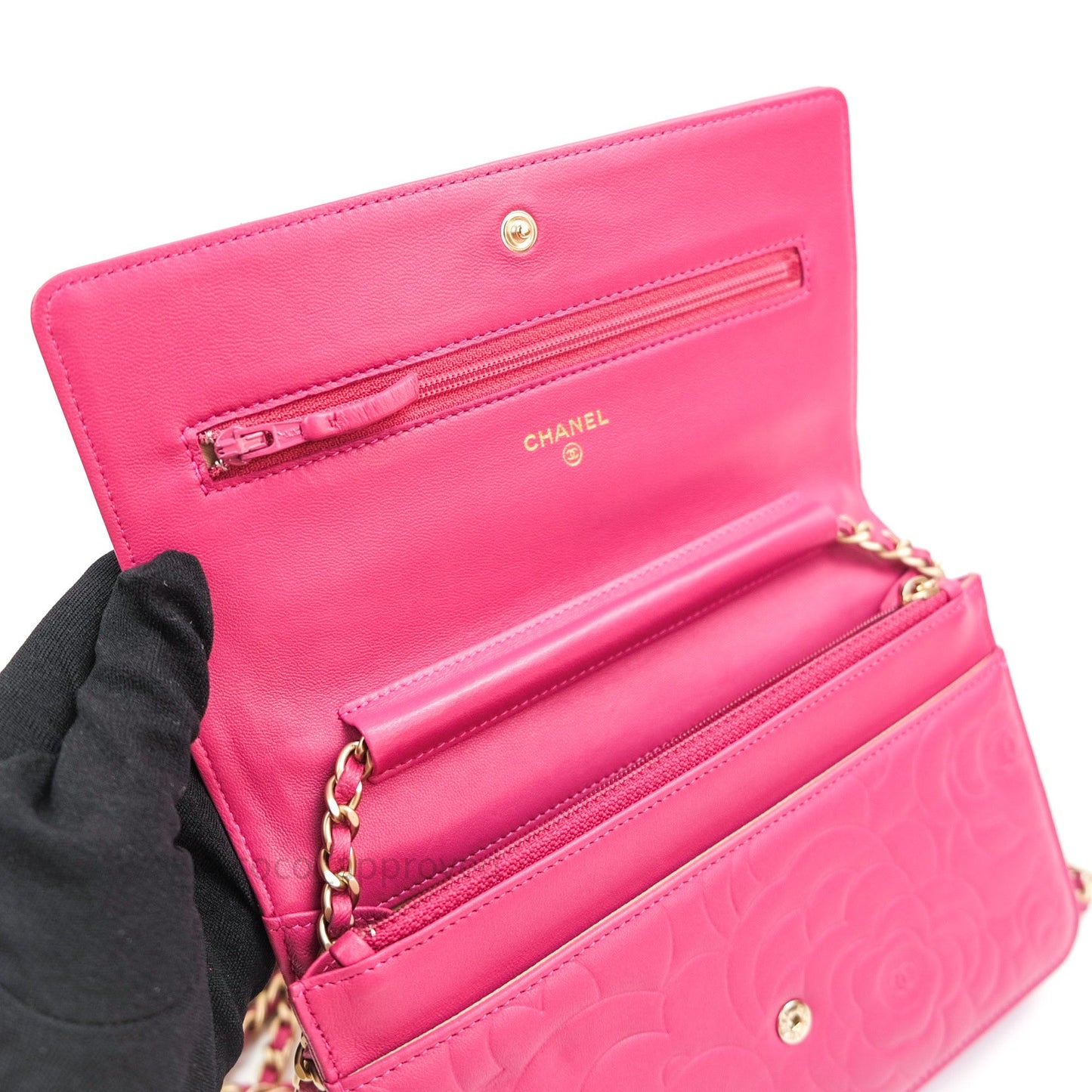 Chanel Camellia Wallet on Chain WOC Pink Lambskin Gold Hardware