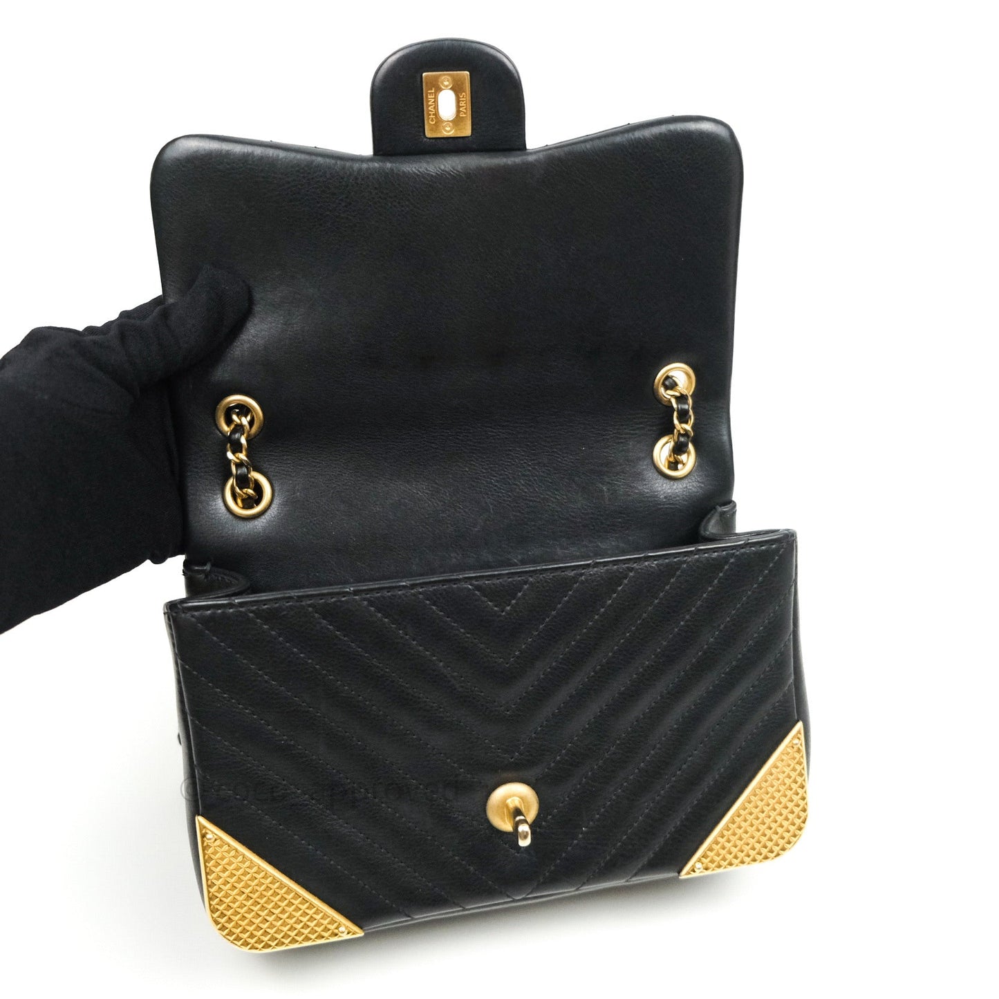 Chanel Chevron Rock The Corner Mini Black Calfskin Gold Hardware 18A