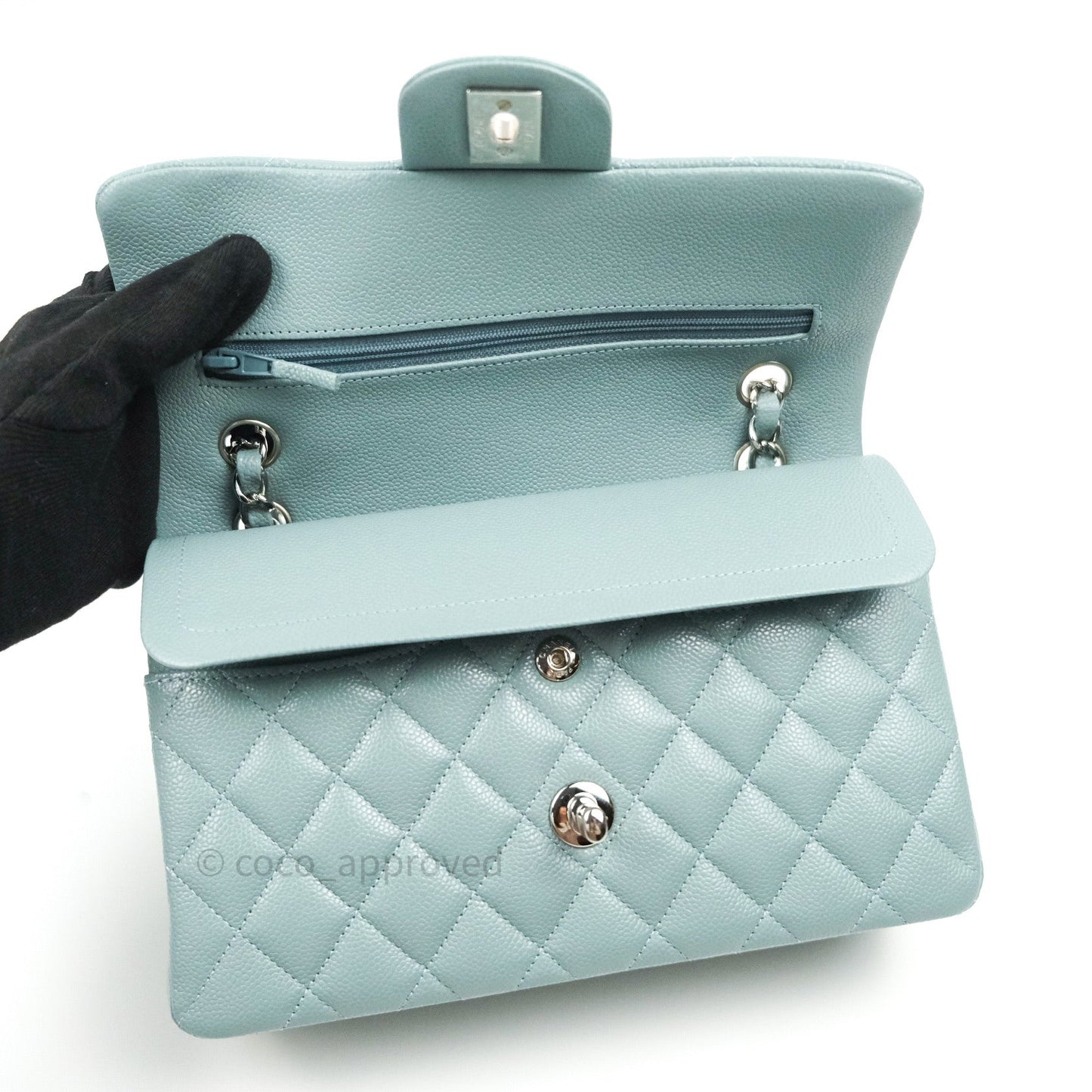 Chanel Classic Small S/M Flap Light Blue Caviar Silver Hardware 20B