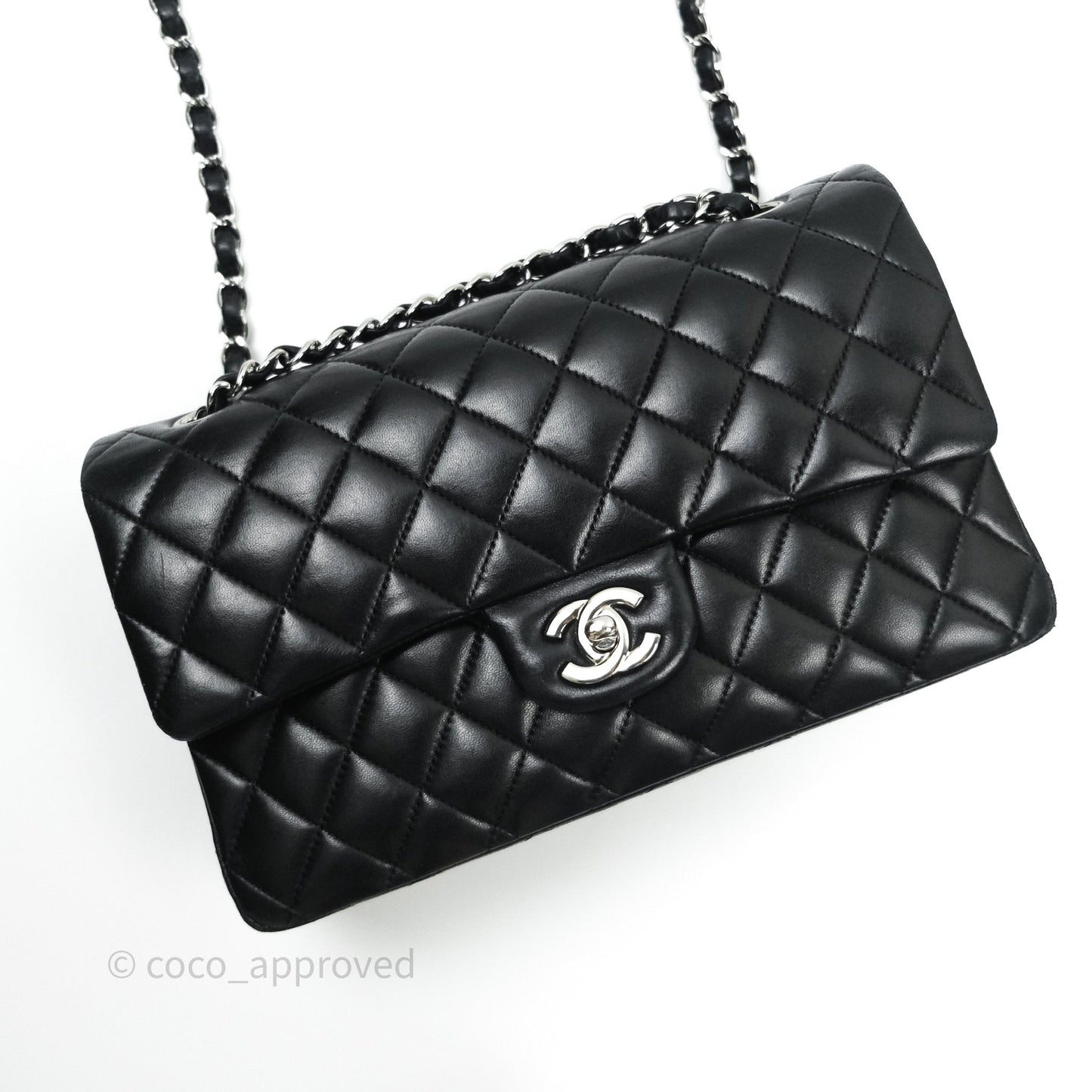 Chanel Classic M/L Medium Double Flap Black Lambskin Silver Hardware