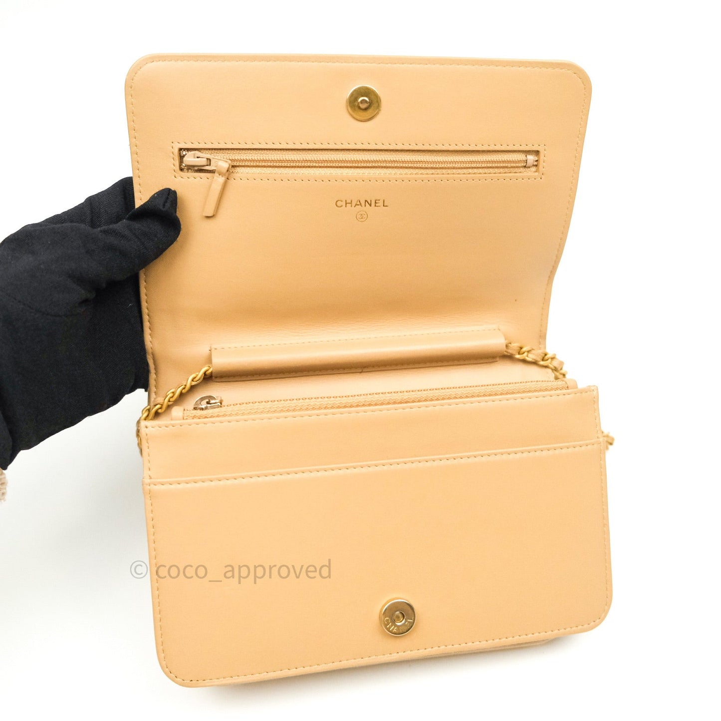 Chanel Quilted Boy Wallet on Chain WOC Beige Caviar Gold Hardware