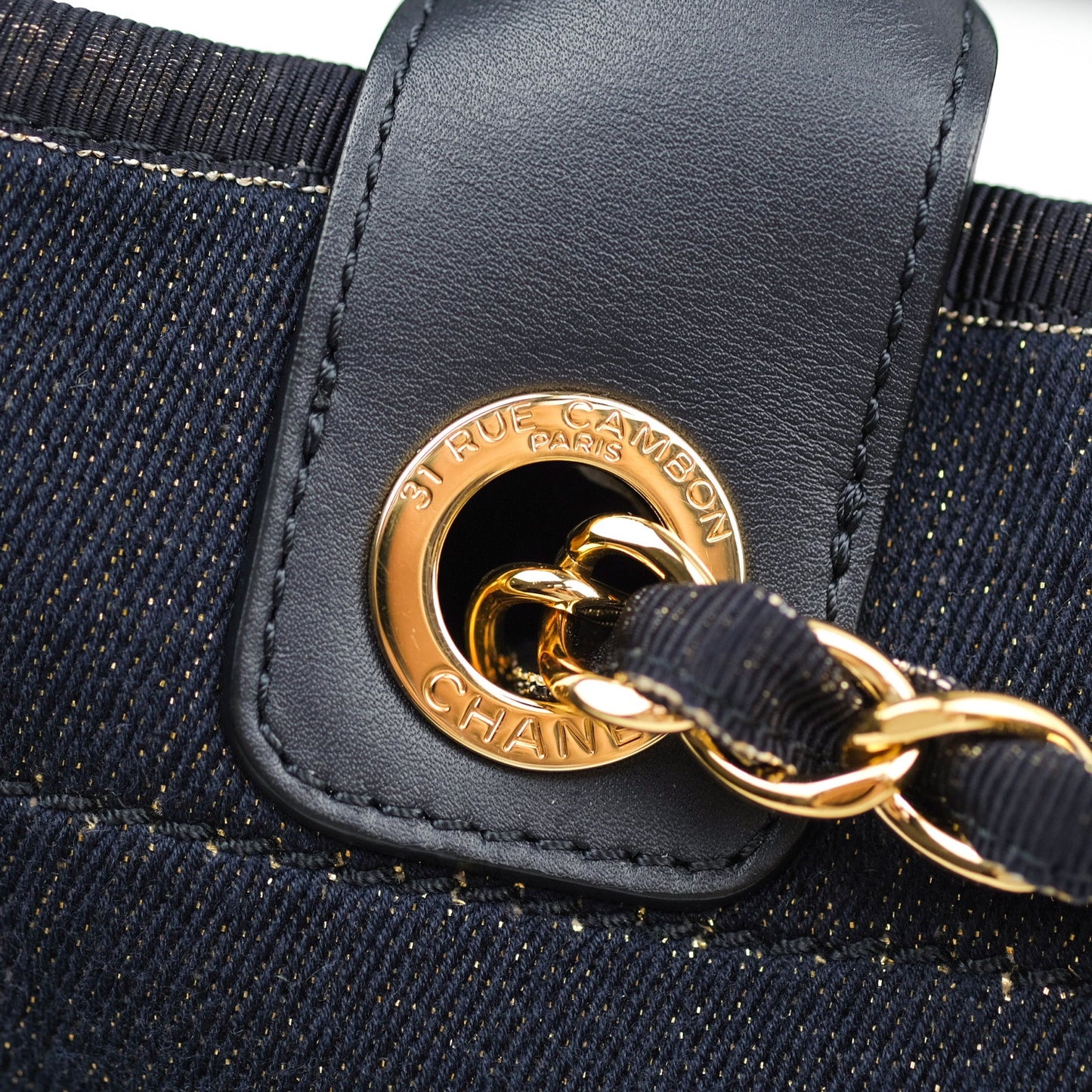 Chanel Canvas Large Deauville Tote Navy Glittery Gold Logo 19B