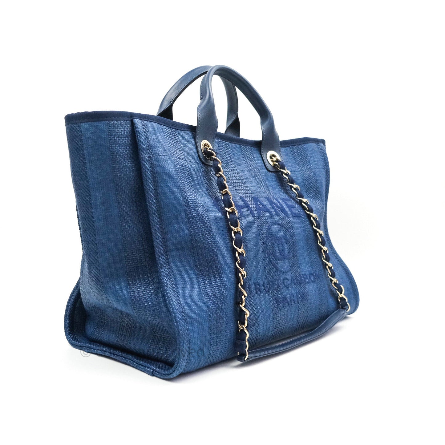 Chanel Canvas Large Deauville Tote Navy Blue Stripe 20S