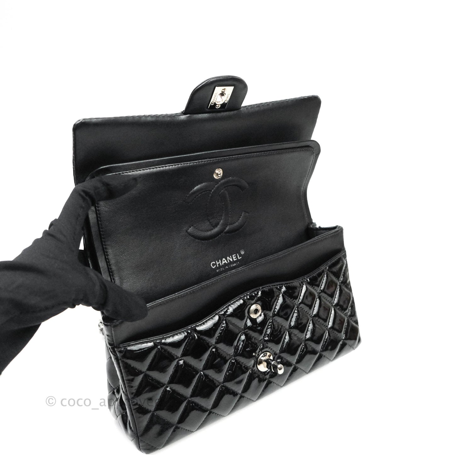 Chanel Classic M/L Medium Double Flap Bag Black Patent Silver Hardware