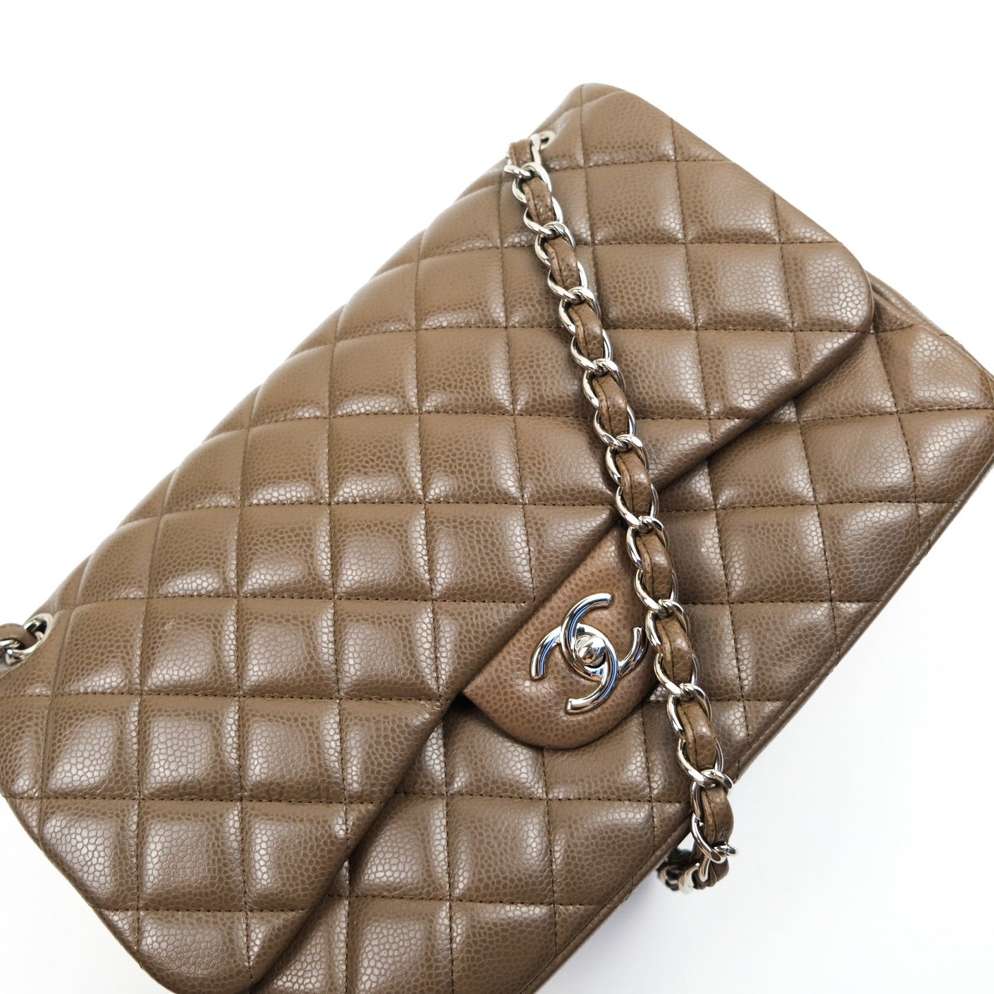 Chanel Classic Double Flap Quilted Jumbo Double Flap Khaki Caviar Silver Hardware