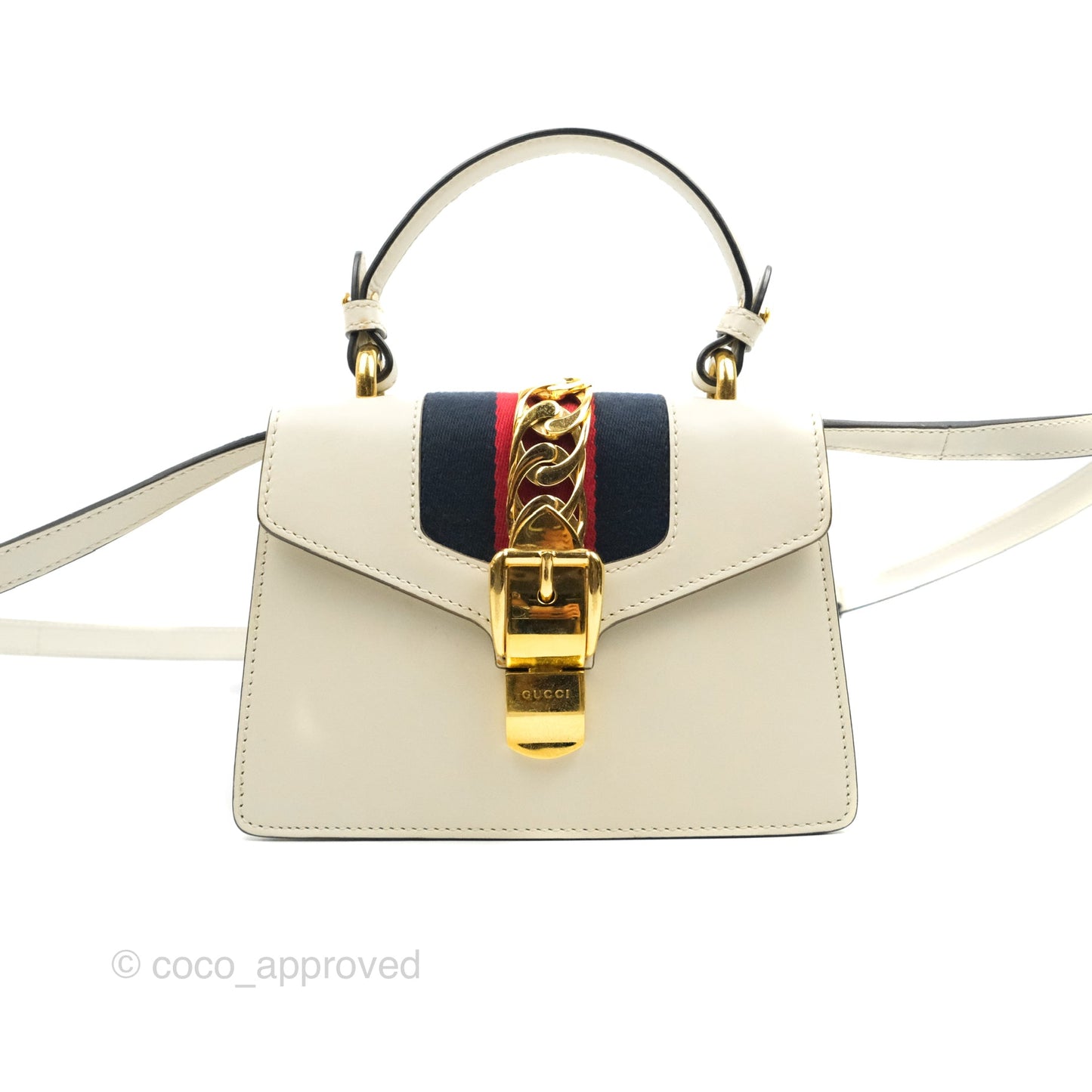 Gucci Mini Sylvie Top Handle White Calfskin Shoulder Bag⁣ ⁣⁣⁣⁣⁣⁣⁣⁣⁣⁣⁣⁣⁣⁣⁣⁣With Strap