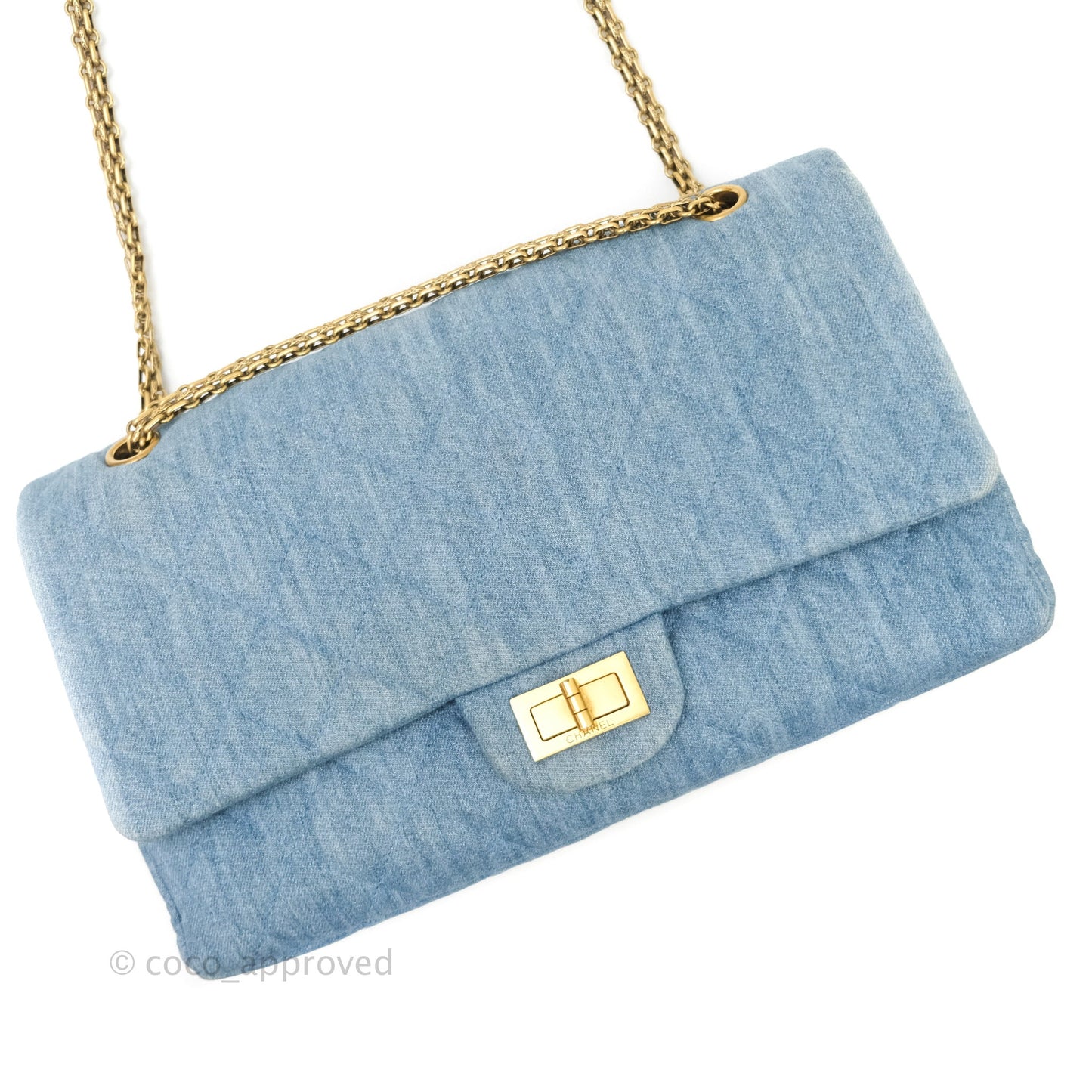 Chanel Quilted 2.55 Reissue 227 Double Flap Denim Gold Hardware