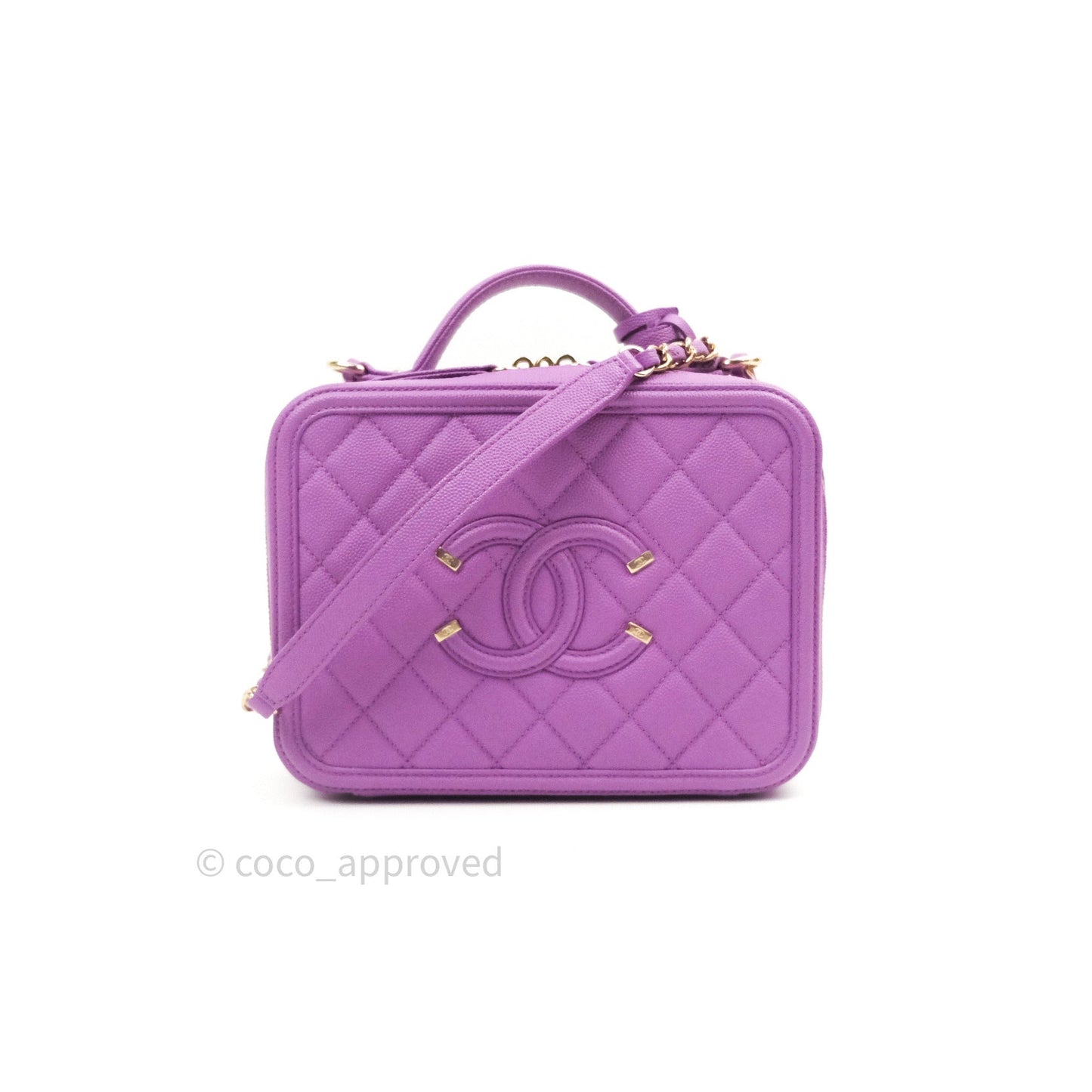Chanel Quilted Medium CC Filigree Vanity Case Purple Caviar Gold Hardware