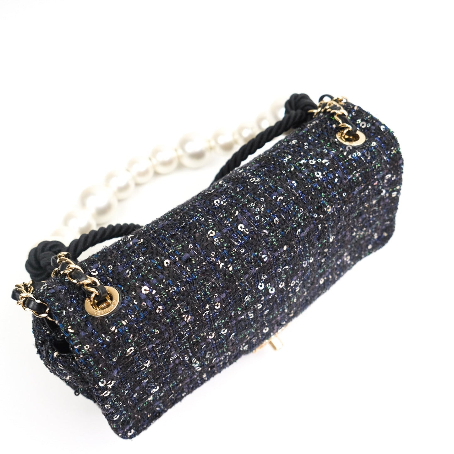 Chanel Tweed Medium Pearl Handle Flap Black Ecru