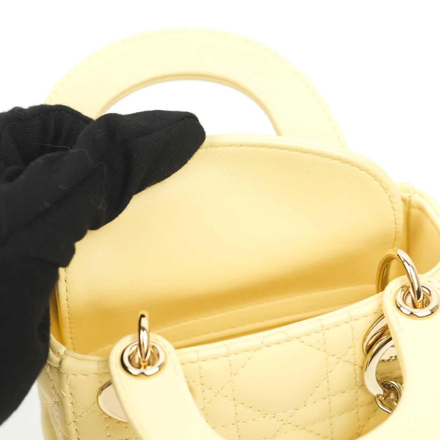 Christian Dior Micro Lady Dior Cannage Pale Yellow Lambskin Gold Hardware