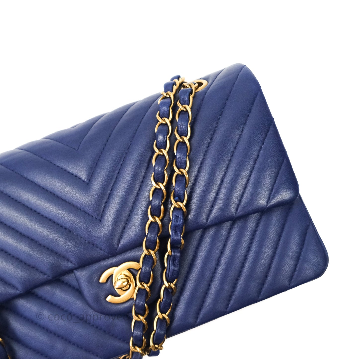 Chanel Classic Chevron M/L Medium Flap Blue Lambskin Gold Hardware