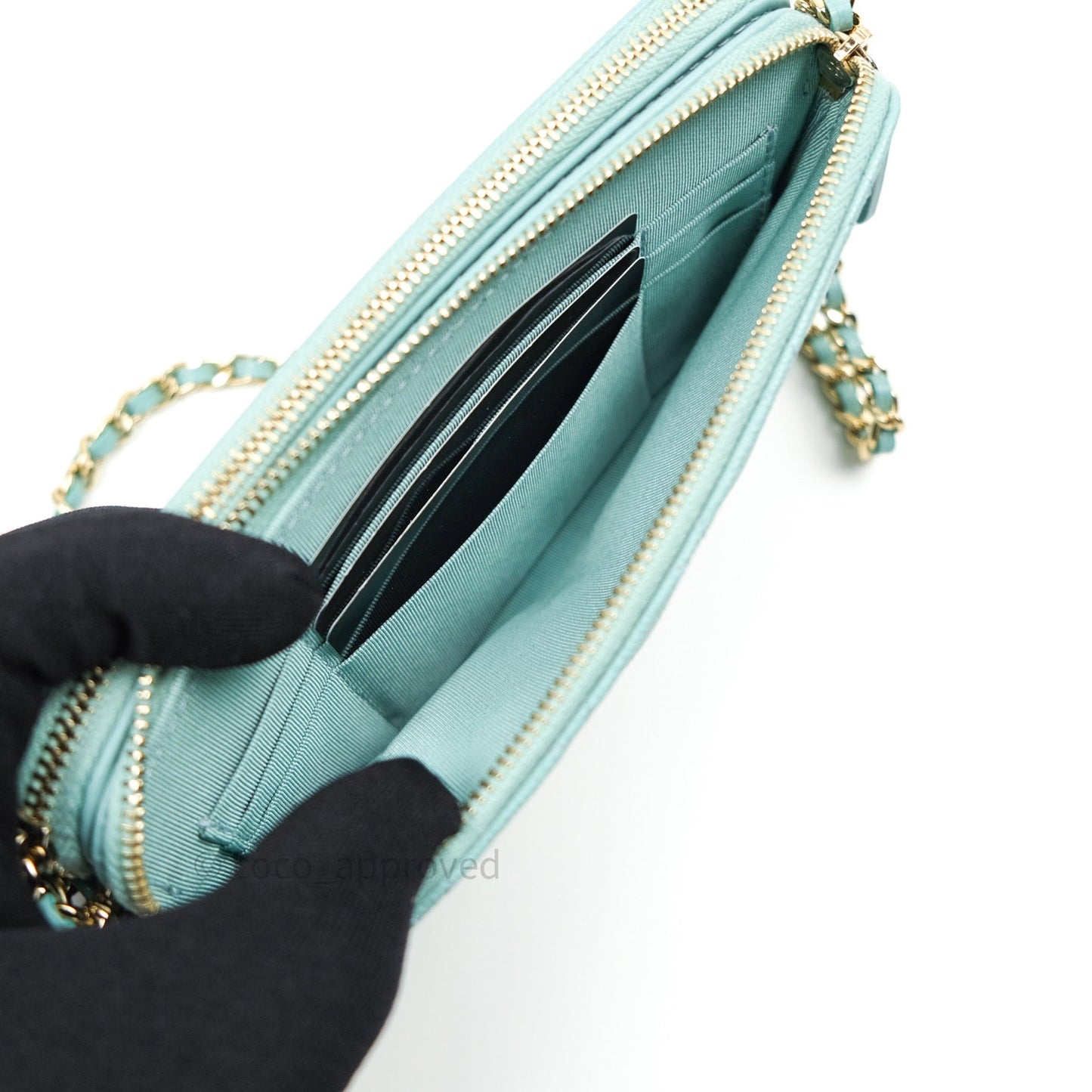 Chanel Tiffany Blue Caviar Clutch on Chain Gold Hardware 20C