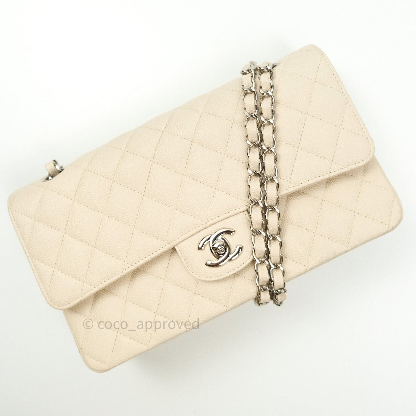 Chanel Classic M/L Medium Double Flap Quilted Ivory Caviar Silver Hardware