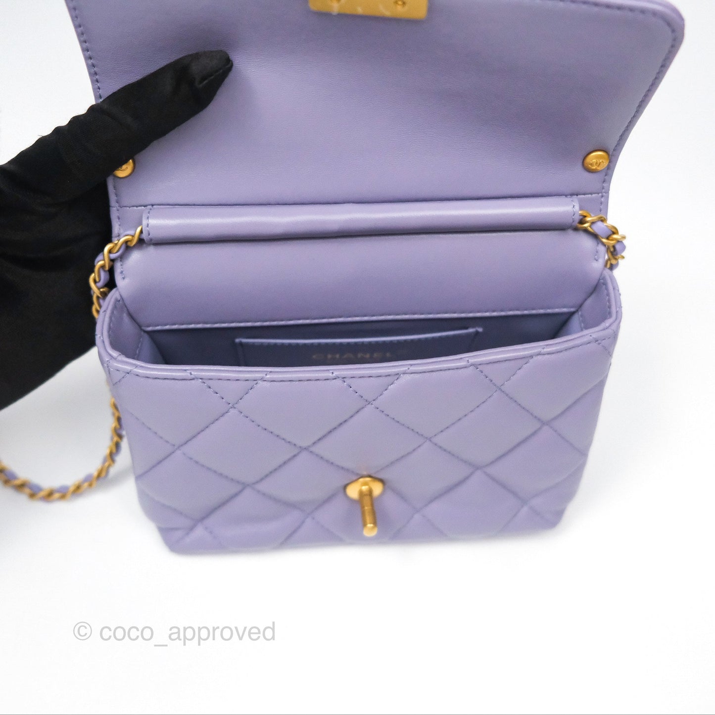 Chanel Crystal Pearl Chain Mini Flap Bag Purple Lambskin Aged Gold Hardware