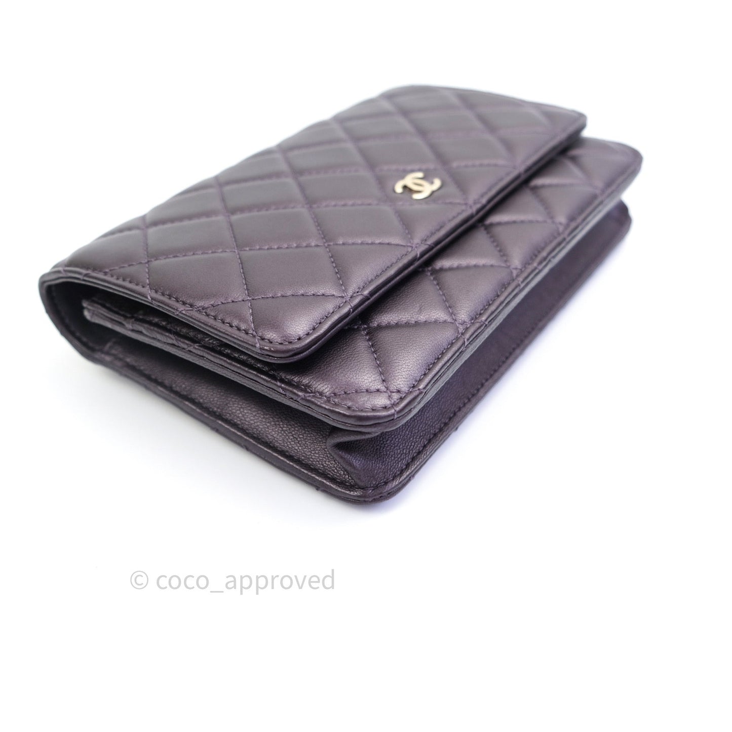 Chanel Quilted Wallet on Chain WOC Metallic Purple Light Gold Hardware