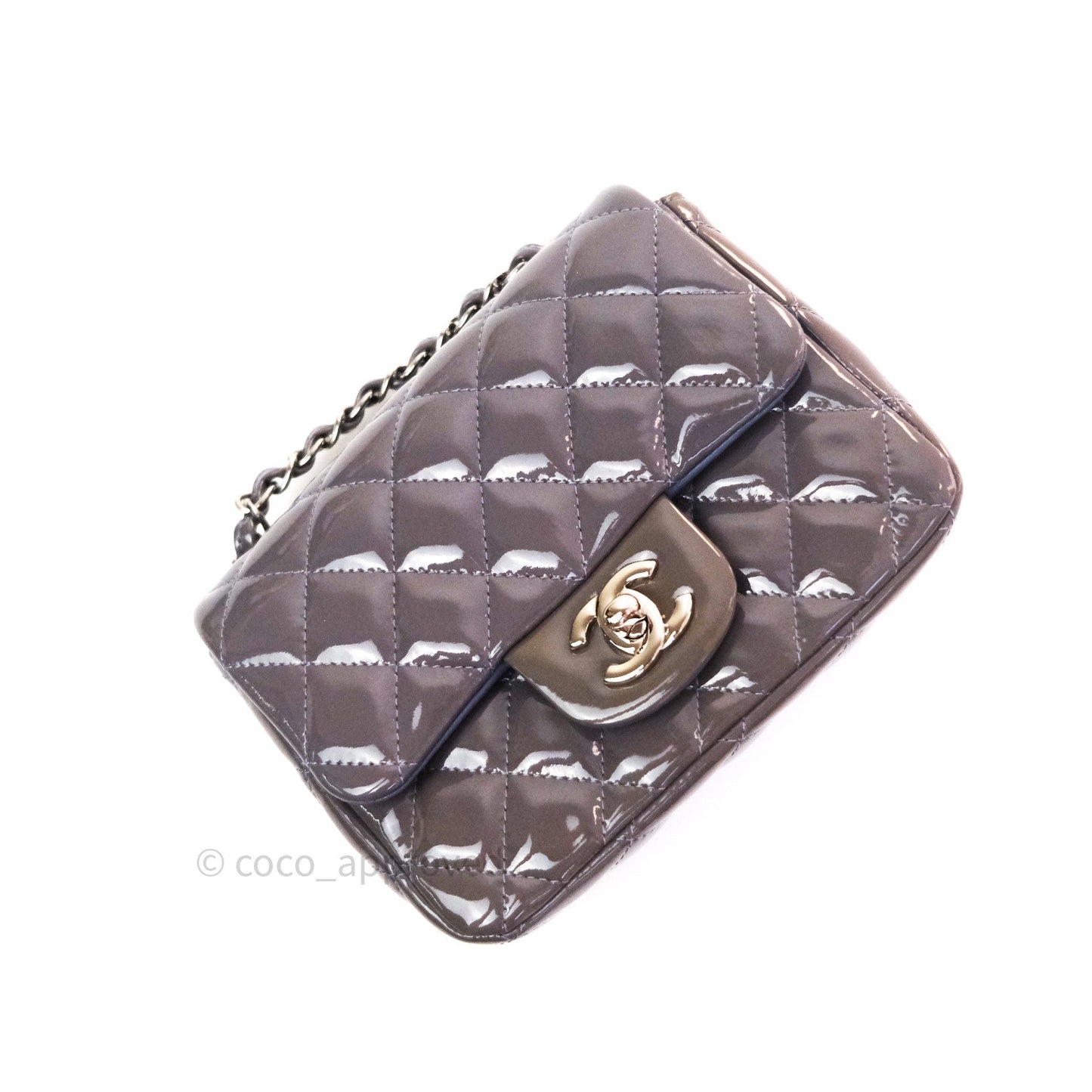 Chanel Mini Square Grey Patent Leather Silver Hardware