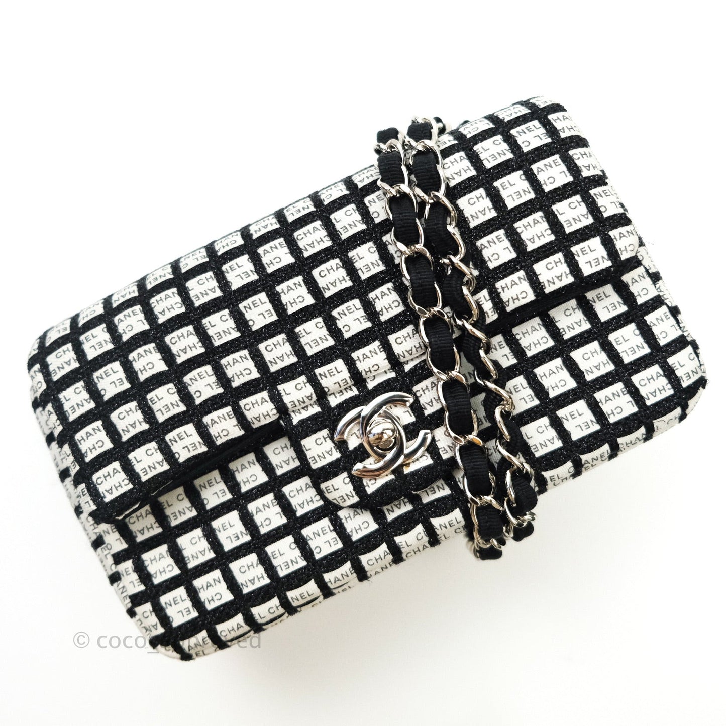Chanel Quilted Mini Rectangular Black White Logo Silver Hardware