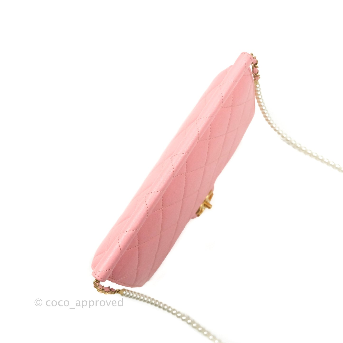 Chanel Large Quilted Lambskin Pearl Chain Flap Bag Pink Aged Gold Hardware