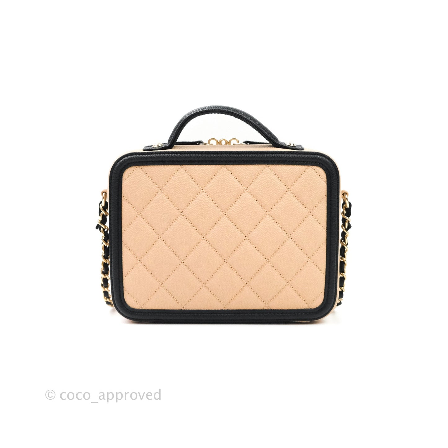 Chanel Quilted New Small CC Filigree Vanity Case Beige Caviar Gold Hardware