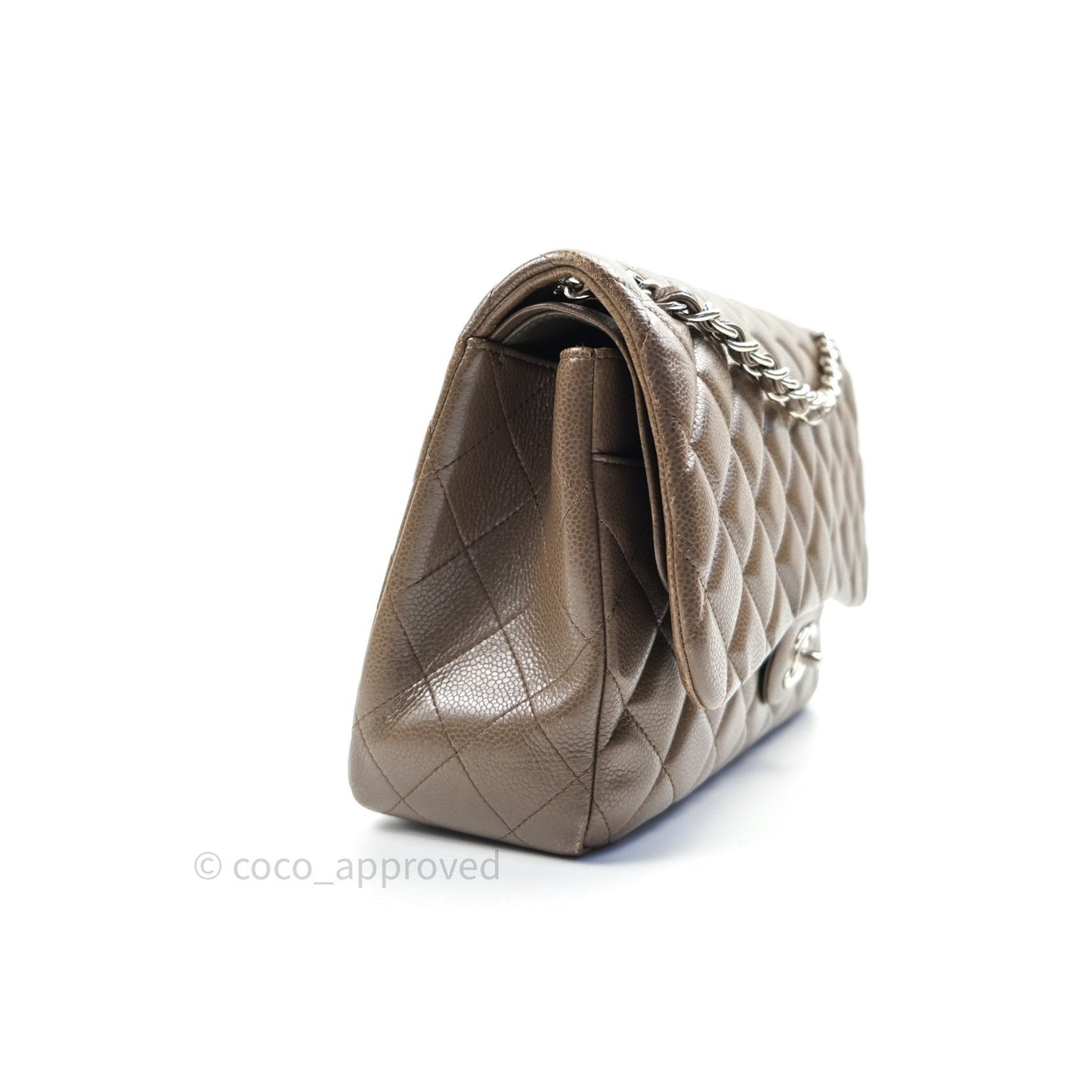Chanel Classic Double Flap Quilted Jumbo Double Flap Khaki Caviar Silver Hardware