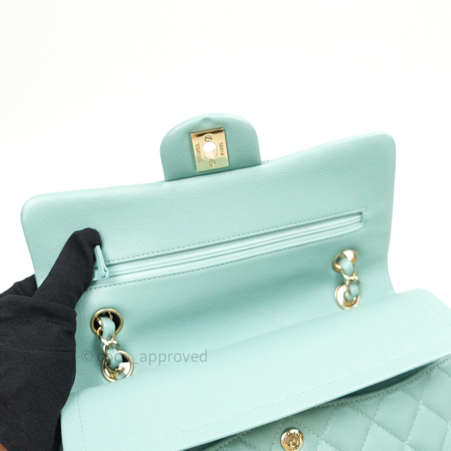 Chanel Classic Small S/M Flap Tiffany Blue Caviar Light Gold Hardware