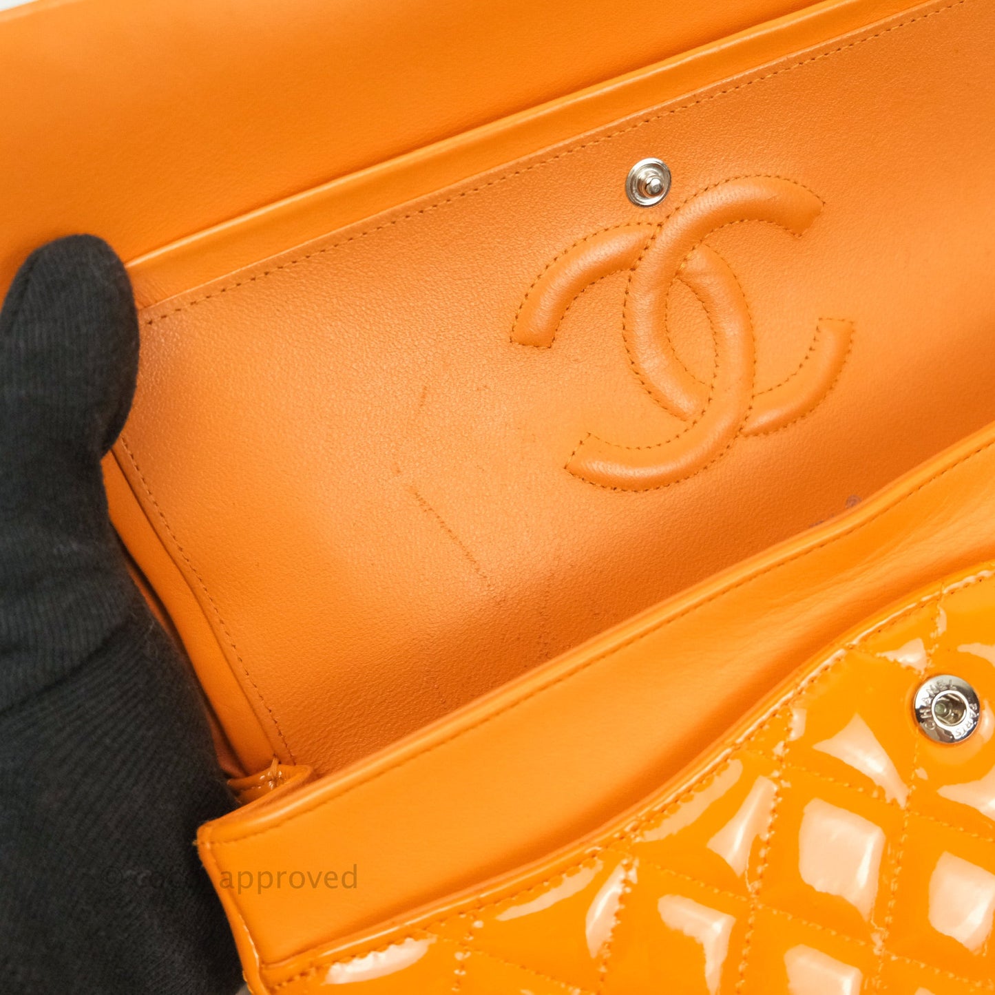 Chanel Classic M/L Medium Double Flap Orange Patent Silver Hardware