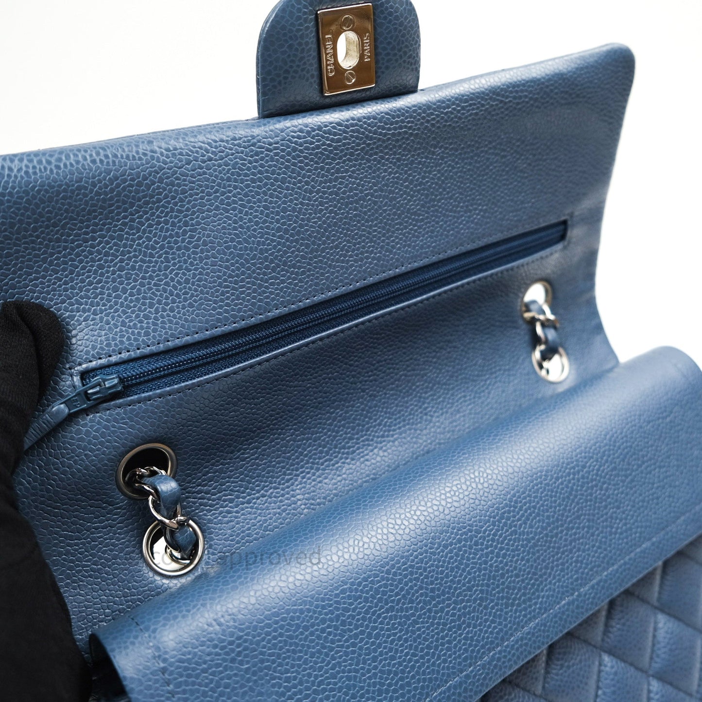 Chanel Classic Double Flap Quilted M/L Blue Caviar Silver Hardware