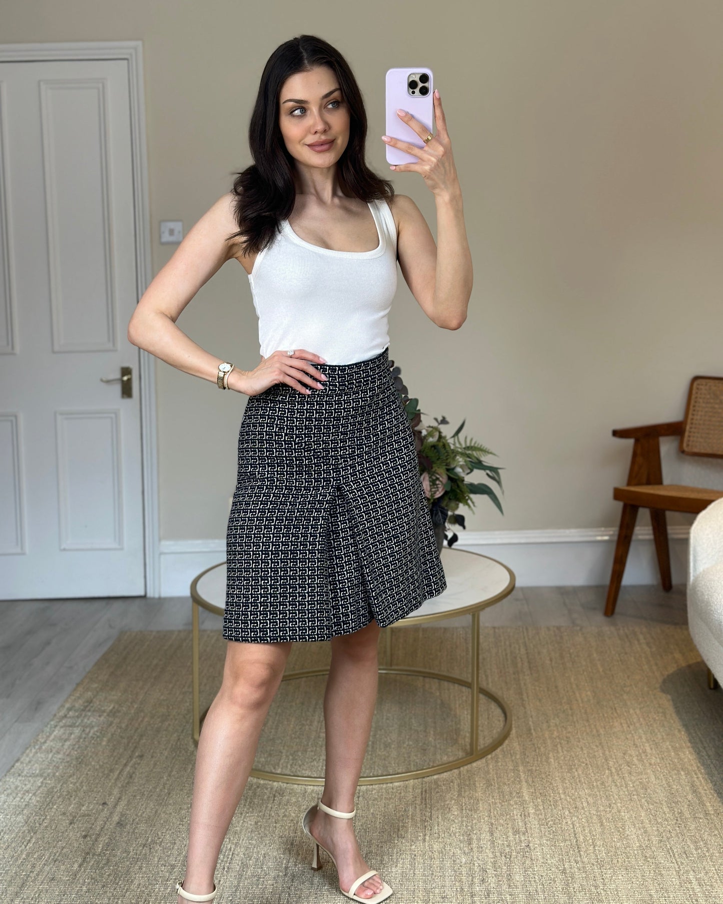Luxury Gucci Navy and White Logo Printed Wool Skirt Size IT 40 (UK 8)